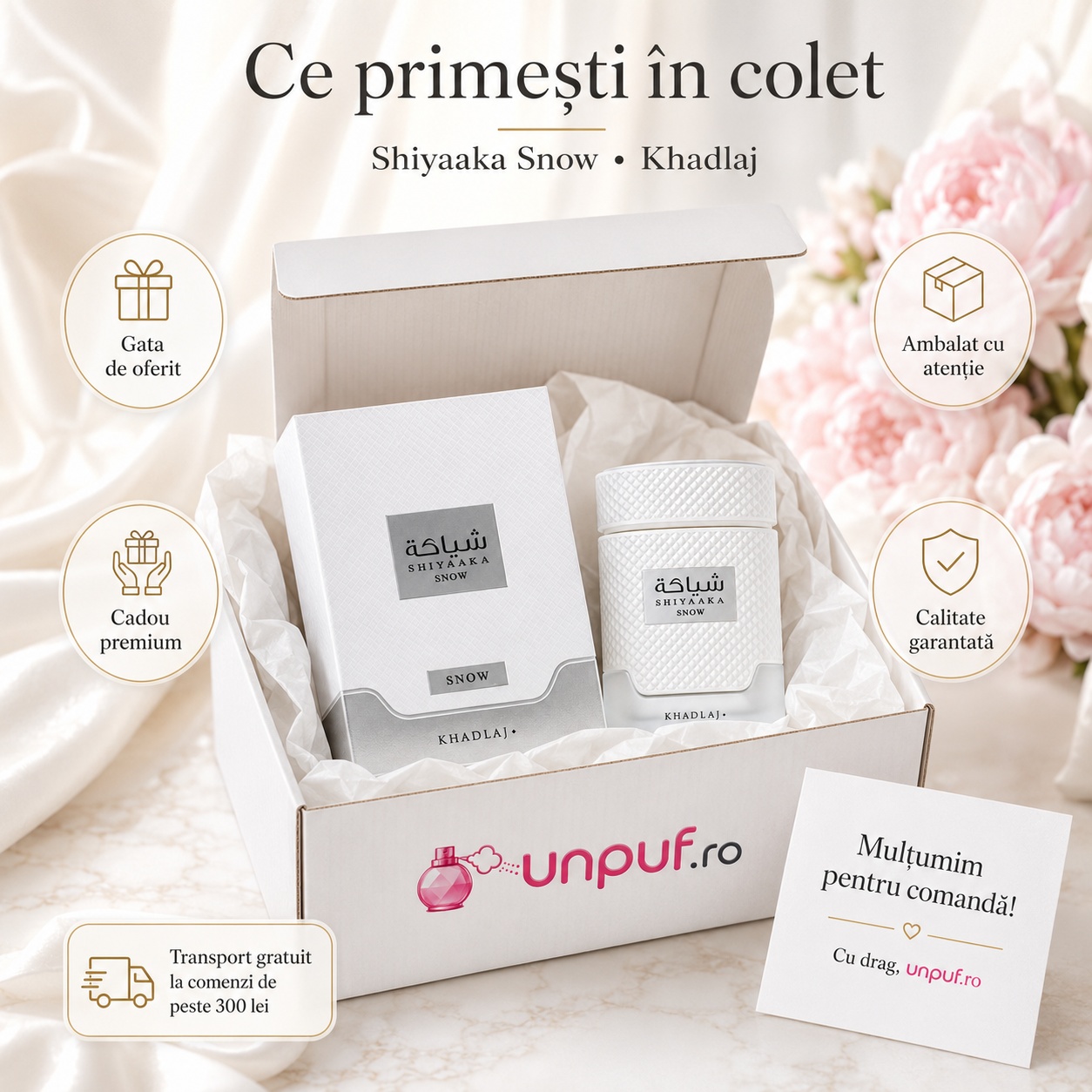 Ce primești în colet Shiyaaka Snow Khadlaj, parfum original ambalat cu atenție și cadou premium