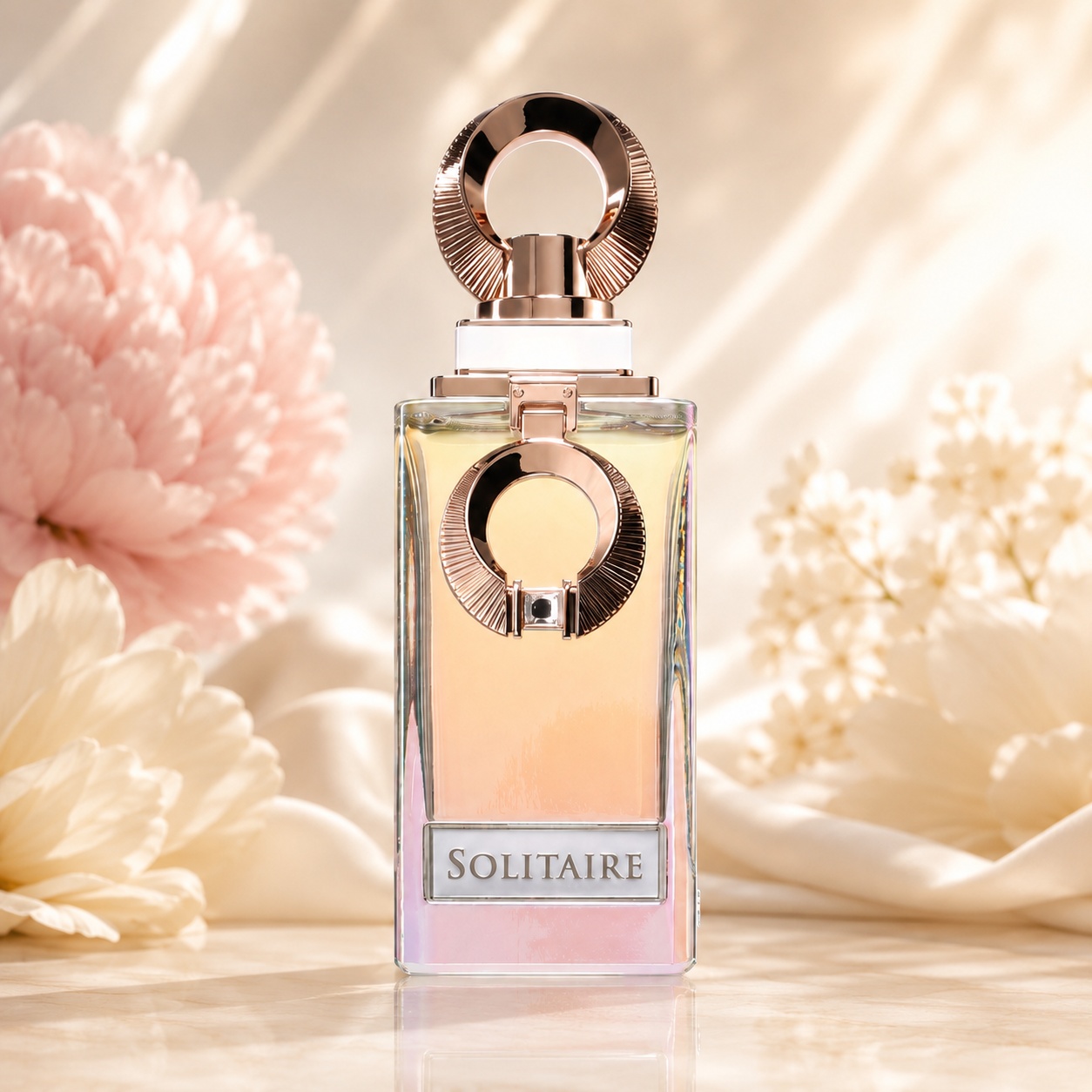 Sticlă parfum Solitaire French Avenue 100 ml cu design bijuterie, capac rose gold și lichid roz piersică