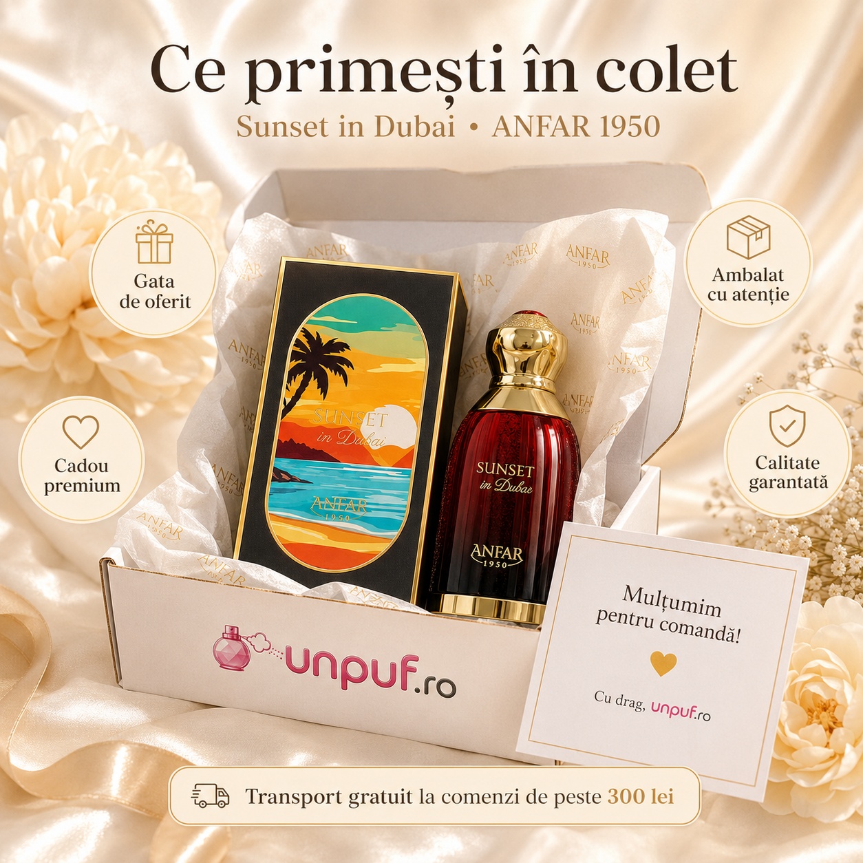 Ce primești în colet la Sunset in Dubai Anfar 1950, ambalaj premium și parfum gata de oferit cadou