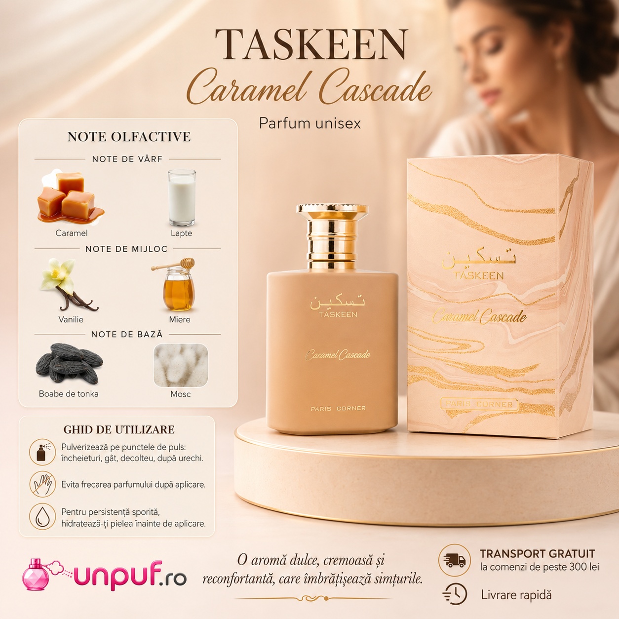 Prezentare parfum Taskeen Caramel Cascade Paris Corner cu note de caramel lapte vanilie miere boabe de tonka și mosc