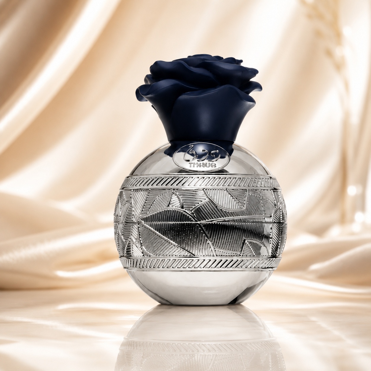 Sticlă parfum Thouq Lattafa Pride 80 ml cu flacon rotund argintiu, gravură florală și capac bleumarin &icirc;n formă de trandafir