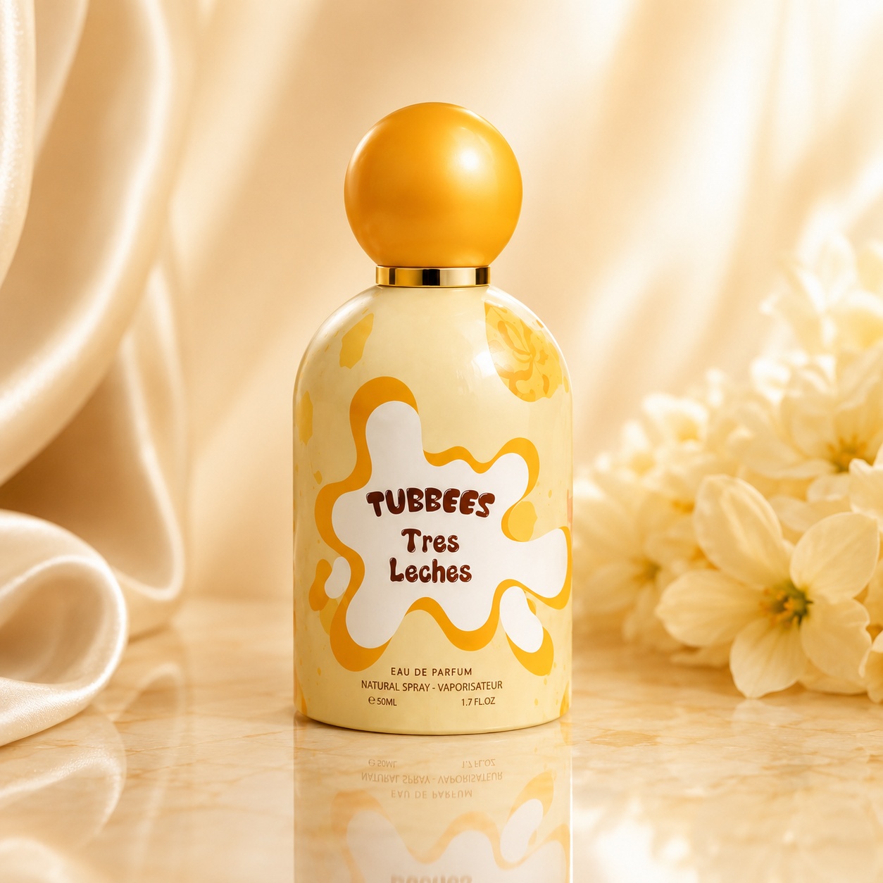 Flacon Tubbees Tres Leches 50 ml crem cu capac galben lucios și design gourmand premium