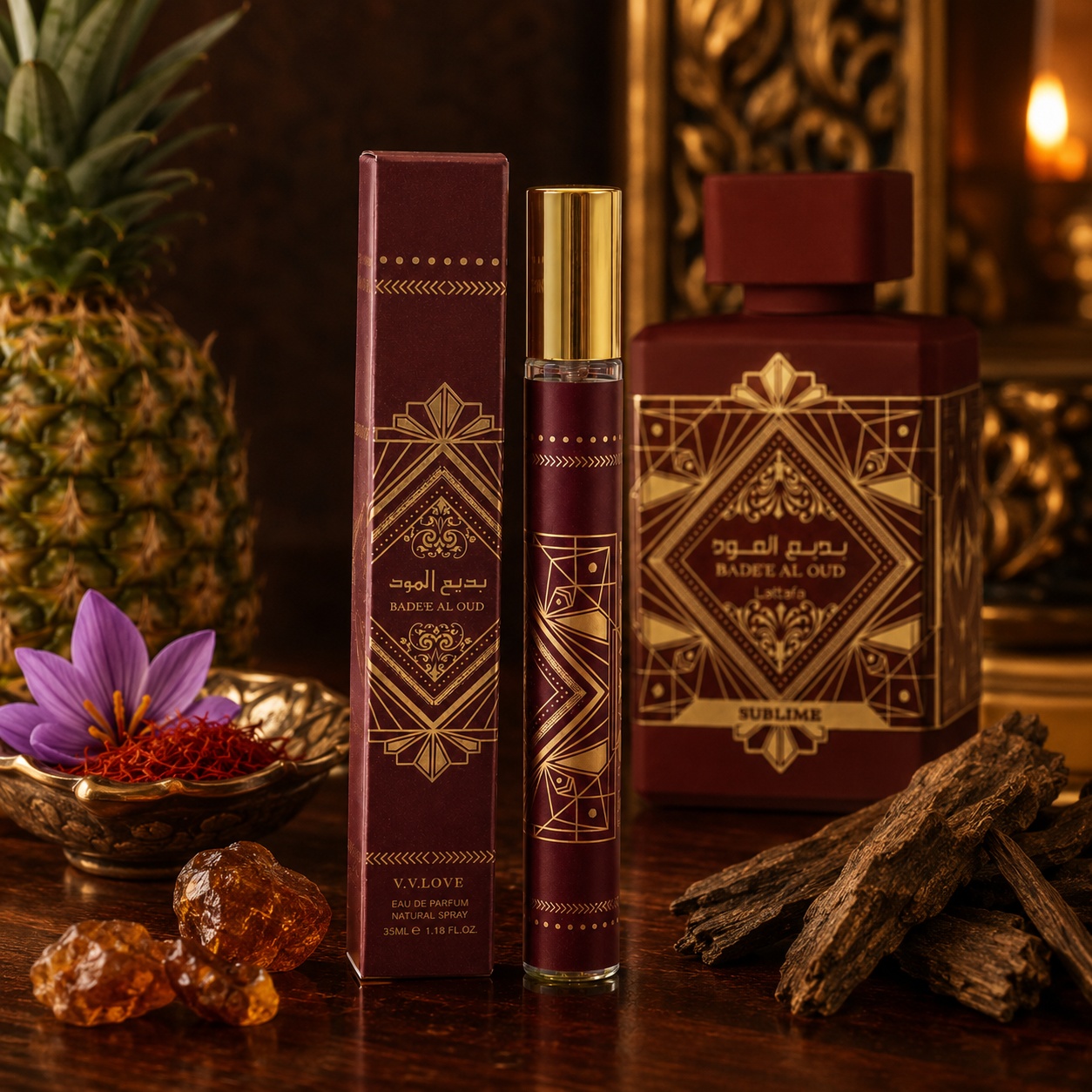 Badee Al Oud V.V. Love parfum unisex arabesc cu ananas șofran iasomie cedru ambră și oud &icirc;n decor oriental