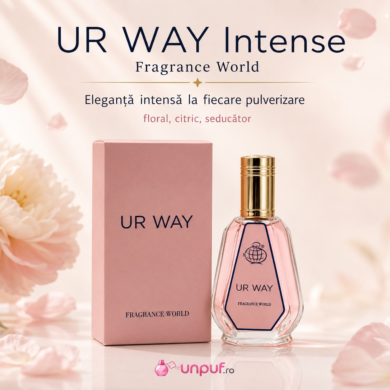 UR Way Fragrance World parfum floral citric seducător cu design roz și auriu