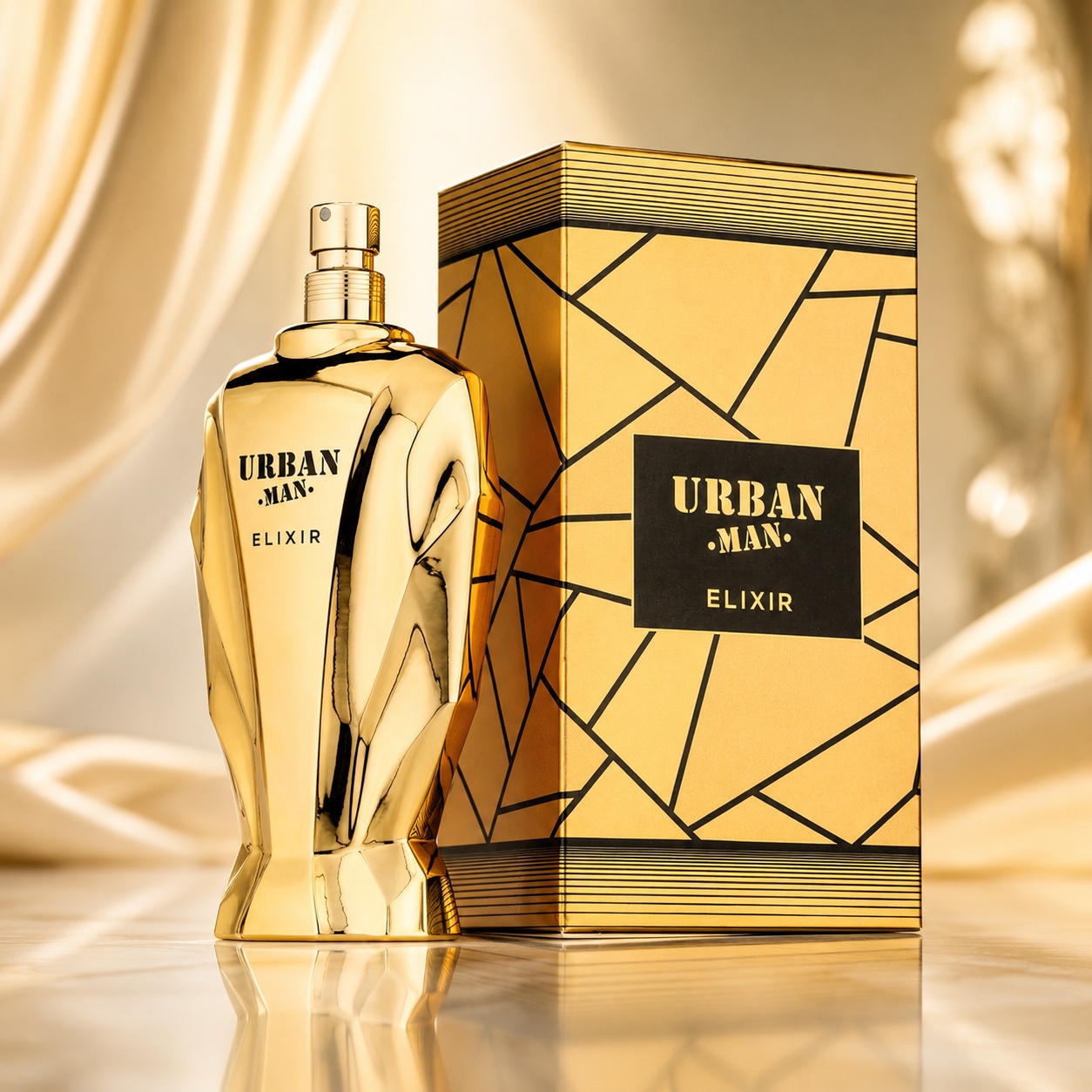 Parfum Arăbesc Urban Man Elixir Fragrance World 90 ml cu flacon auriu și cutie premium aurie