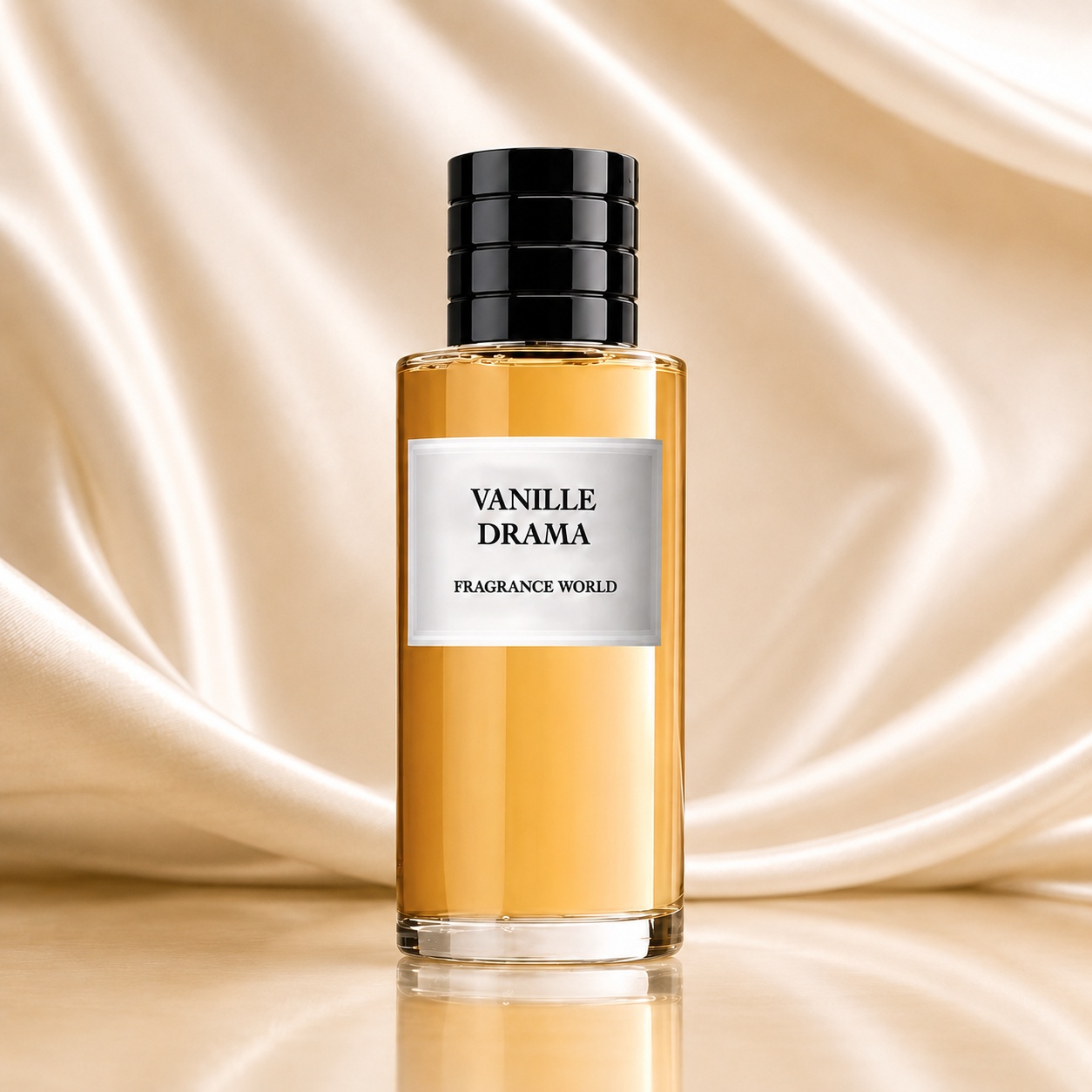 Flacon Vanille Drama Fragrance World 80 ml Apă de Parfum cu lichid auriu și capac negru lucios