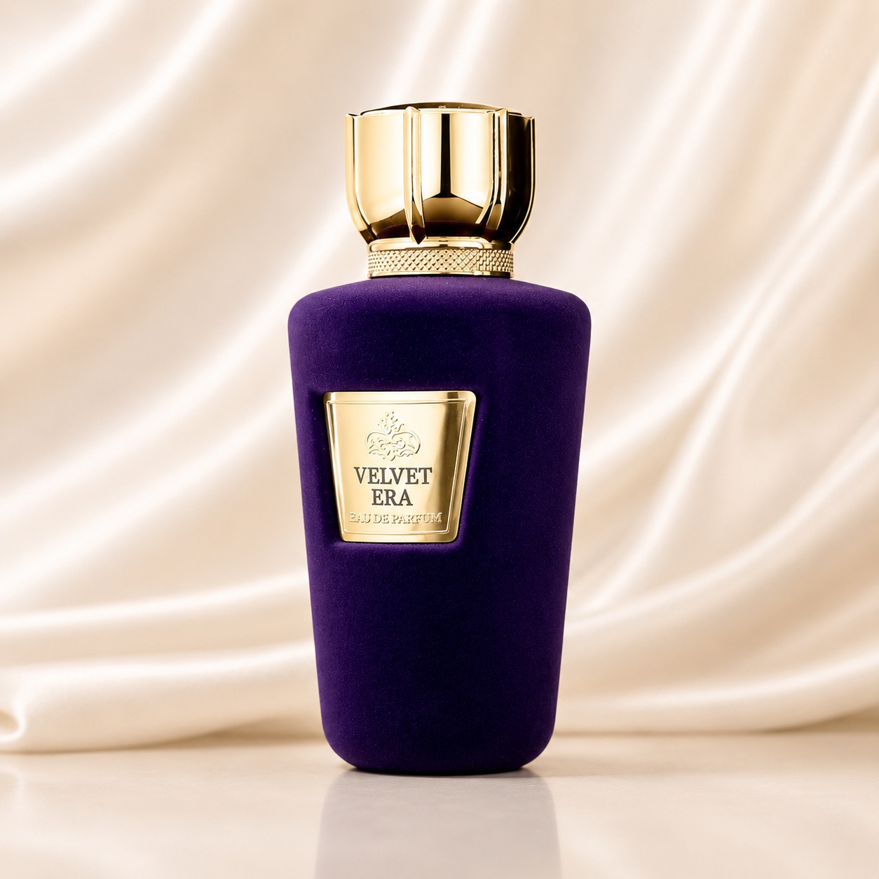 Sticlă parfum Velvet Era Fragrance World 100 ml mov catifelat cu capac auriu luxos