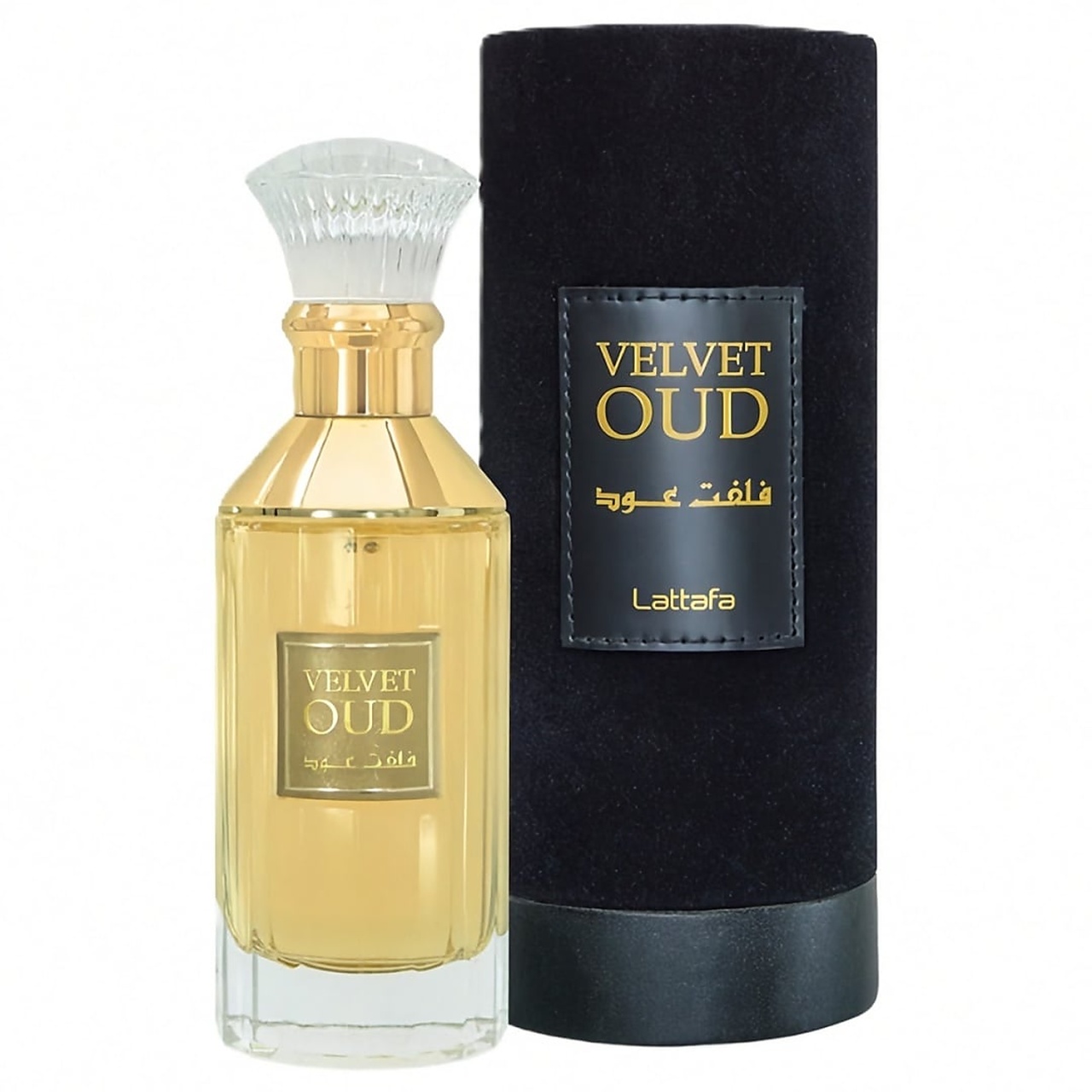 Cutie originală Velvet Oud Lattafa 100 ml și flacon parfum arabesc bărbătesc