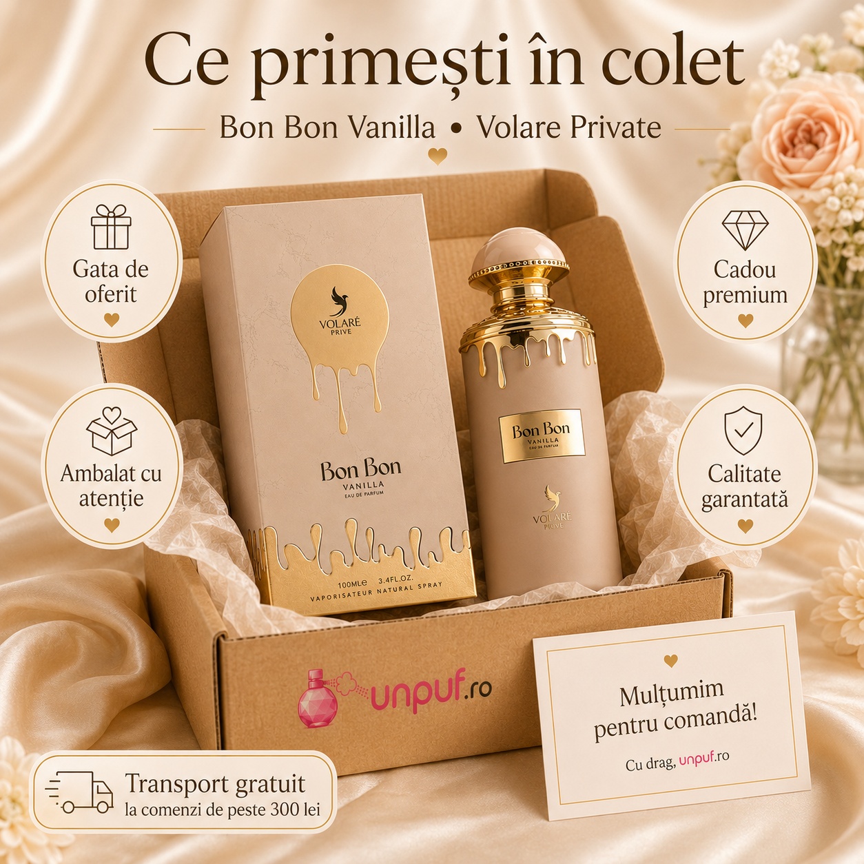 Ce primești în colet la parfumul Volare Prive Bon Bon Vanilla, ambalaj premium UnPuf.ro