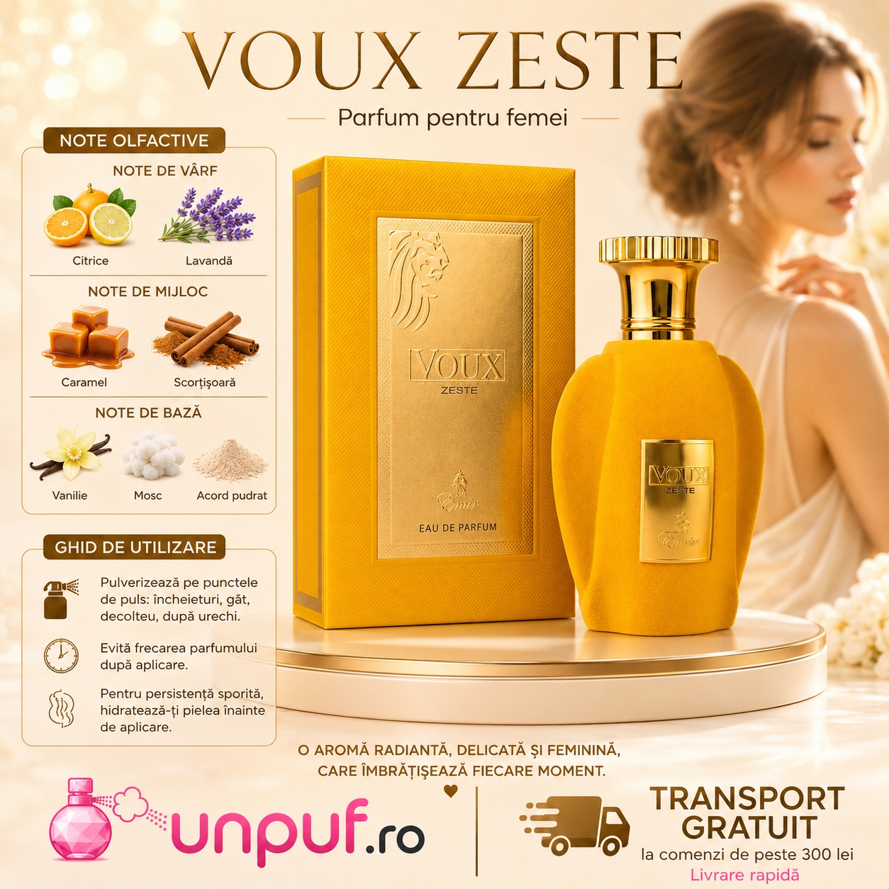 Voux Zeste Emir prezentare premium parfum pentru femei cu note olfactive și ghid de utilizare