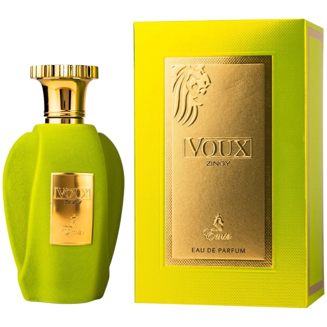 Voux Zingy Emir 100 ml sticlă parfum și cutie pe fundal alb