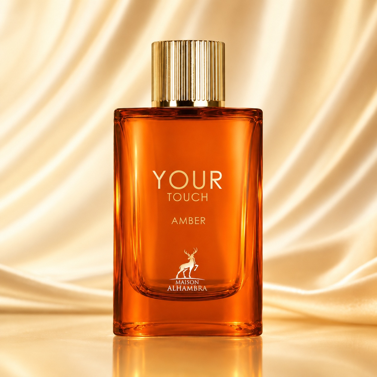Sticlă parfum Your Touch Amber Maison Alhambra 100 ml cu lichid chihlimbar intens și capac auriu striat