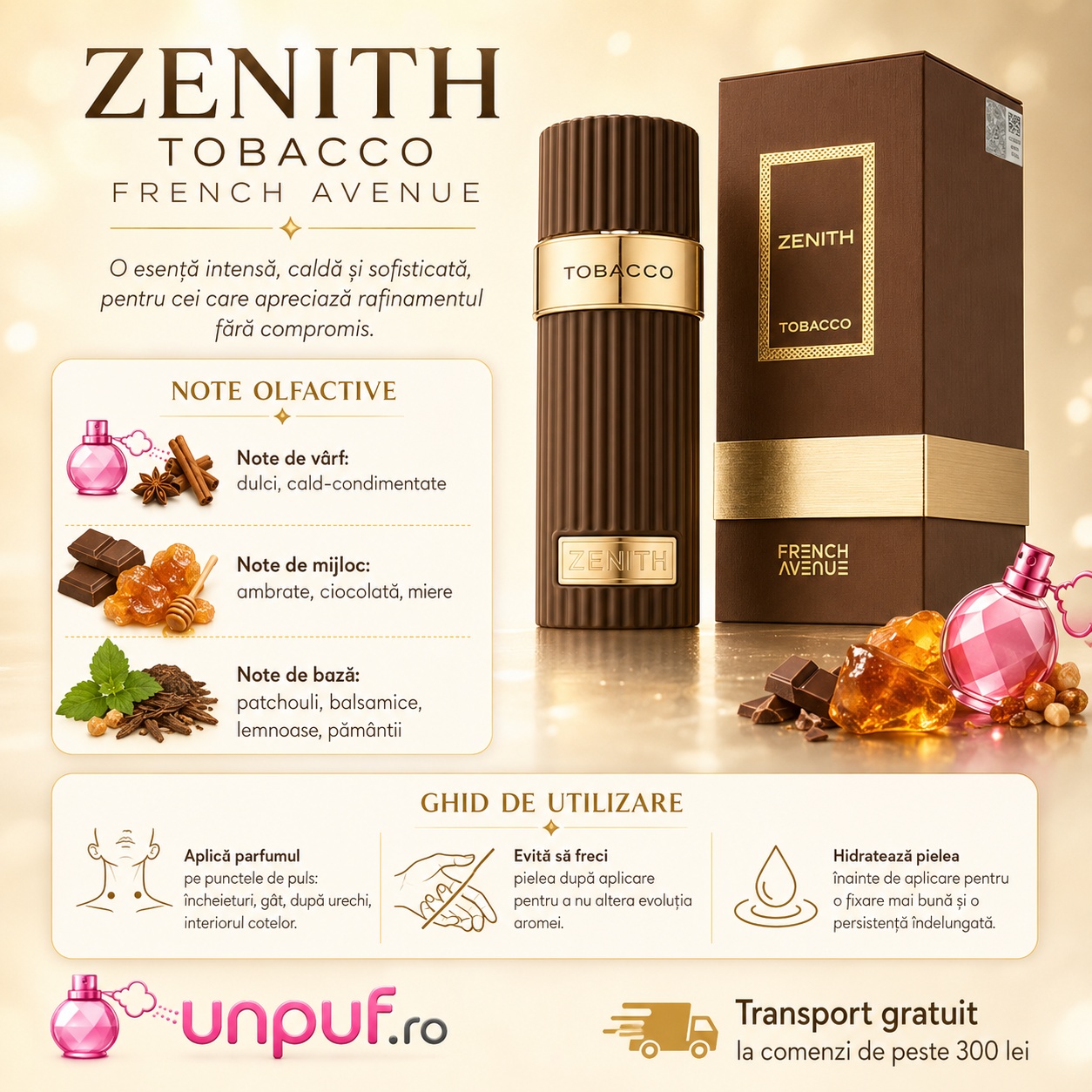 Zenith Tobacco note olfactive și ghid de utilizare cu scorțișoară, ciocolată, miere, patchouli, balsamic și lemnos