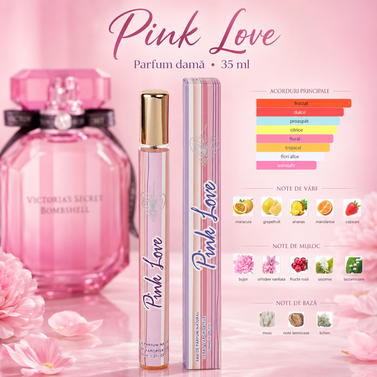 Pink Love 35 ml note olfactive maracuia grapefruit ananas mandarină căpșuni bujor orhidee vanilată iasomie mosc și note lemnoase