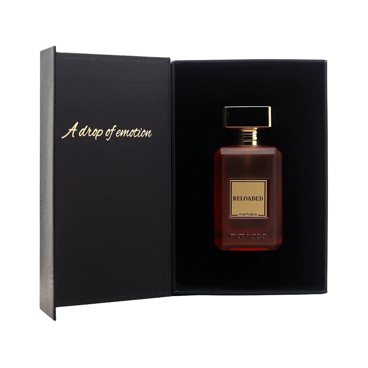 Reloaded Marhaba Extract de Parfum 100 ml cu sticlă și cutie în prezentare premium pe fundal alb