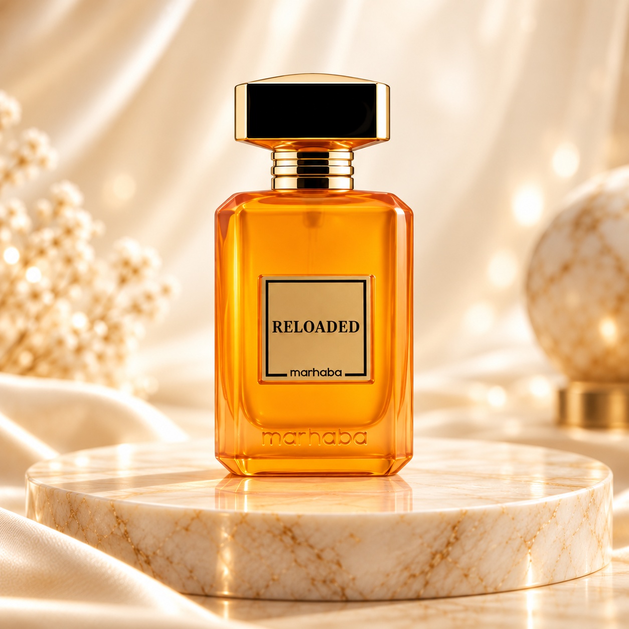Sticlă Reloaded Marhaba Extract de Parfum 100 ml într-un decor elegant auriu