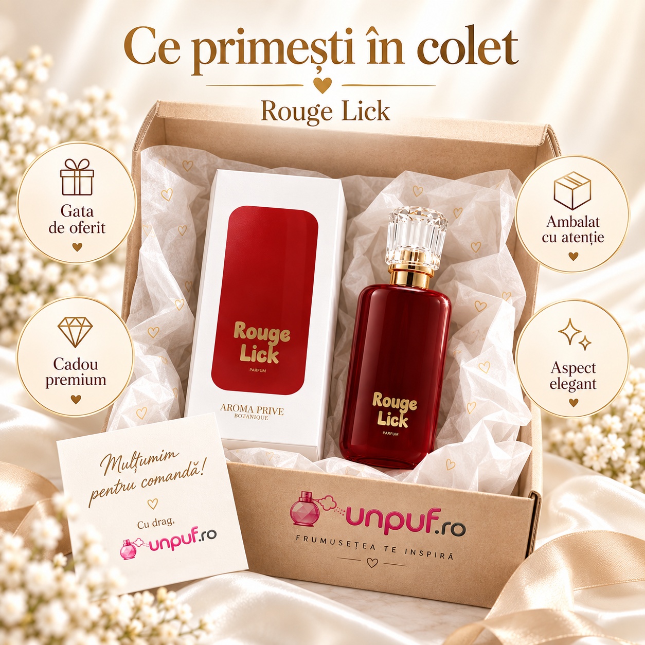 Ce primești în colet Rouge Lick Aroma Prive parfum de damă 100 ml ambalat premium