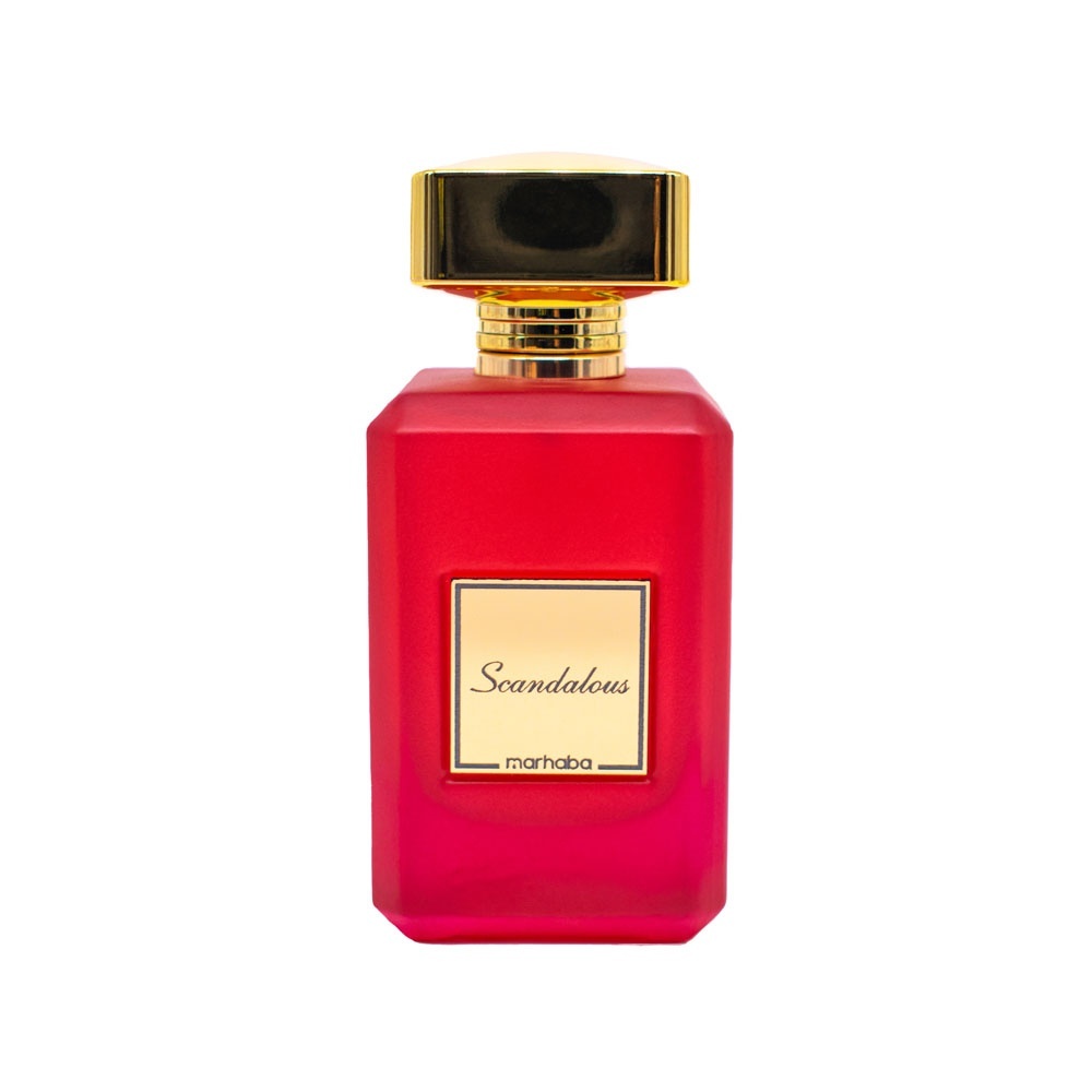 Flacon Scandalous Marhaba 100 ml parfum de damă roz intens pe fundal alb