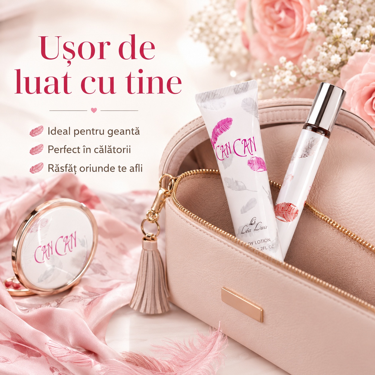 Set Can Can ușor de luat cu tine, ideal pentru geantă, călătorii și răsfăț oriunde te afli