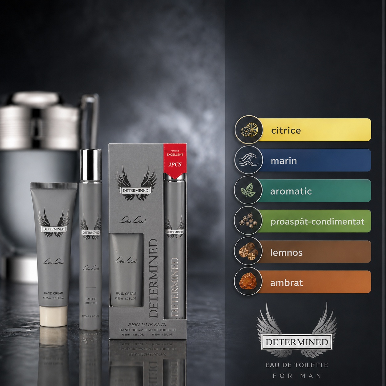 Determined For Man cremă de m&acirc;ini 35 ml și apă de toaletă 35 ml, set masculin pentru &icirc;ngrijire rapidă