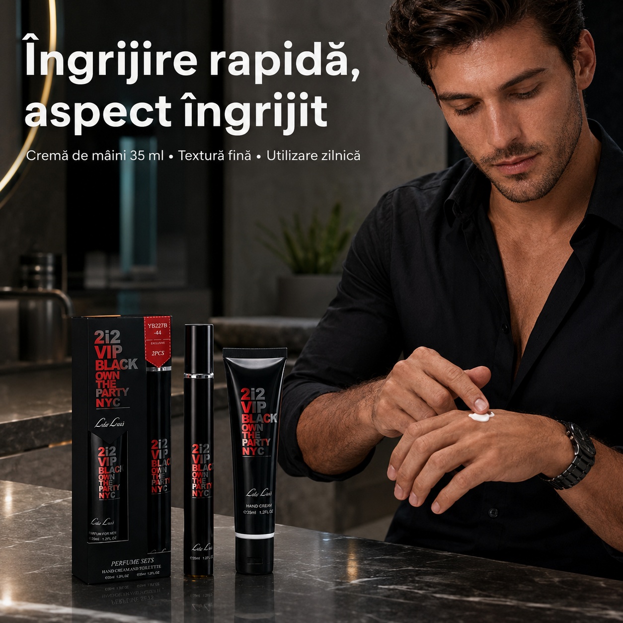 212 VIP Black Own The Party NYC cremă de m&acirc;ini 35 ml, &icirc;ngrijire rapidă și aspect &icirc;ngrijit pentru bărbați