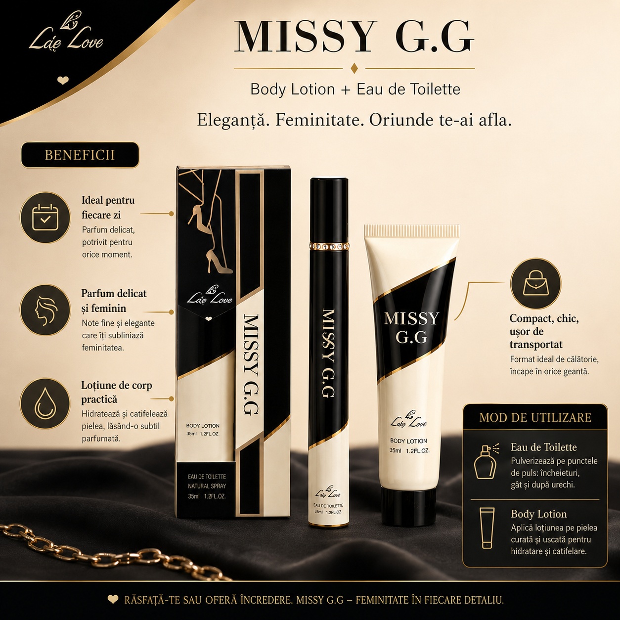 Missy G.G eleganță feminitate oriunde te-ai afla, beneficii parfum delicat și body lotion practic