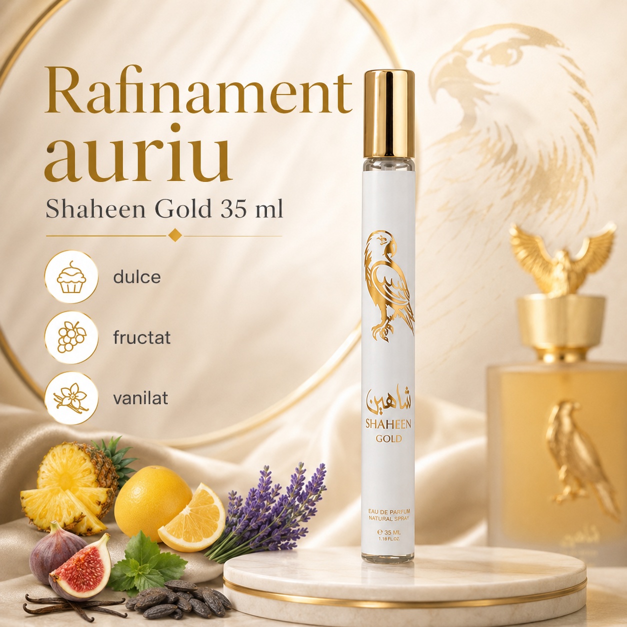 Shaheen Gold 35 ml rafinament auriu parfum dulce fructat vanilat cu ananas grapefruit lavandă și tonka