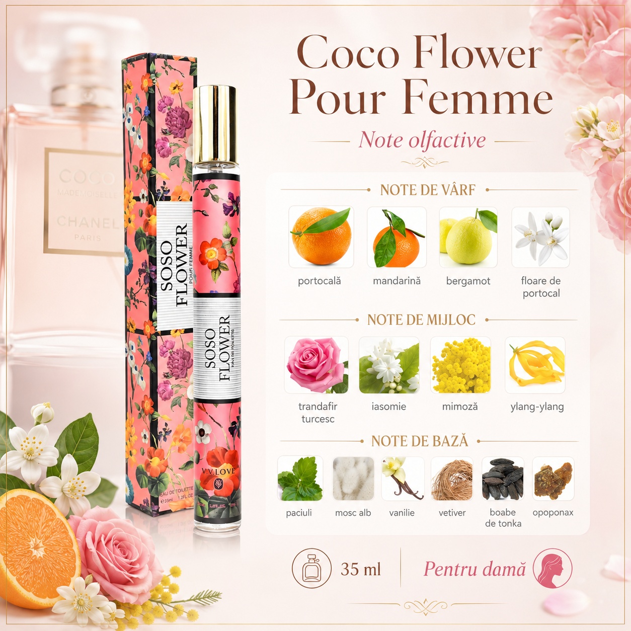 Note olfactive Soso Flower Pour Femme portocală mandarină bergamotă trandafir iasomie vanilie mosc alb paciuli