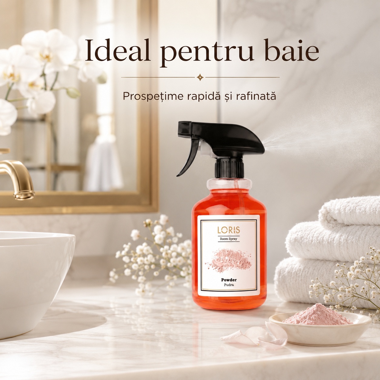 Spray Odorizant Loris Pafum Powder ideal pentru baie prospețime rapidă și rafinată