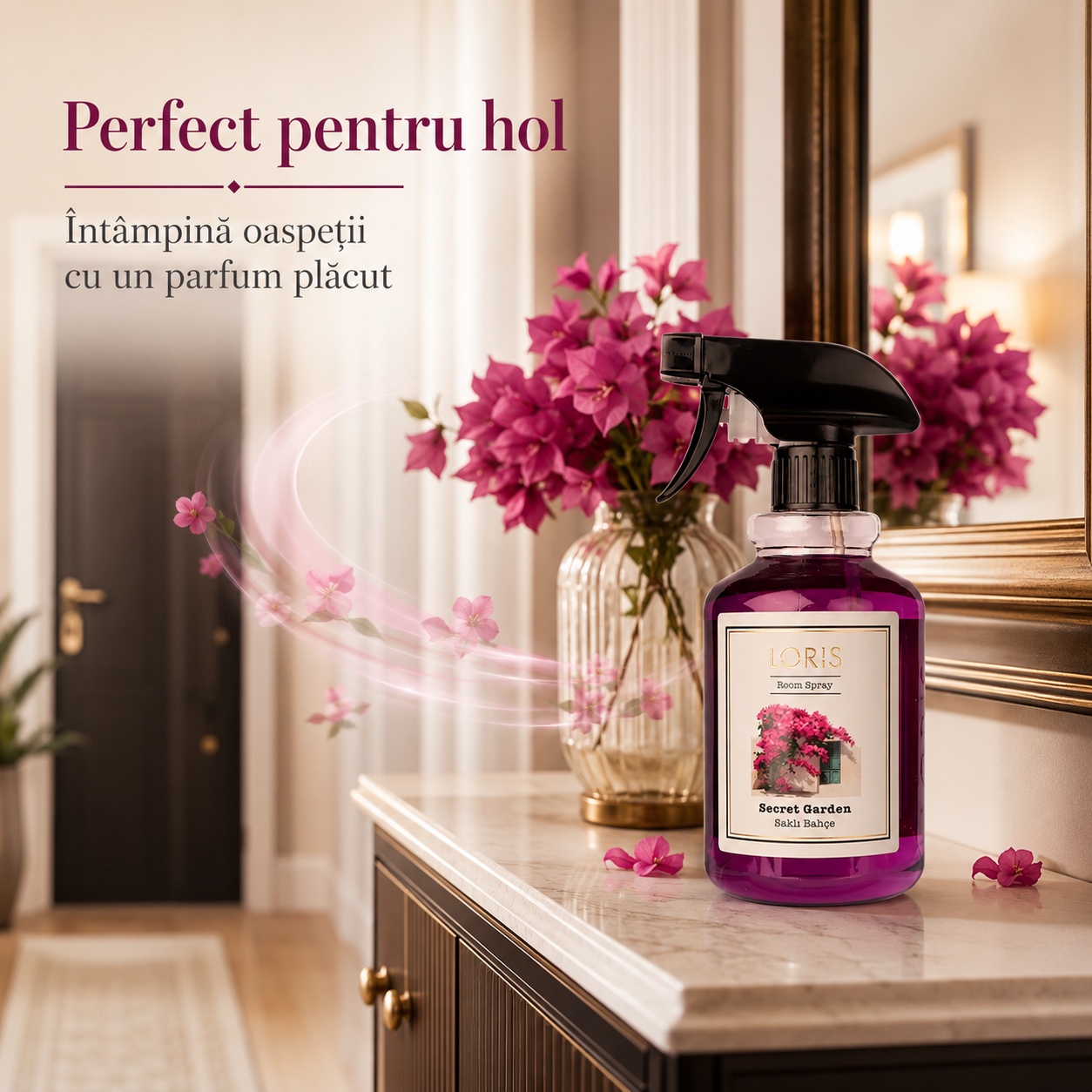 Spray Odorizant Loris Pafum Secret Garden perfect pentru hol parfum plăcut pentru oaspeți