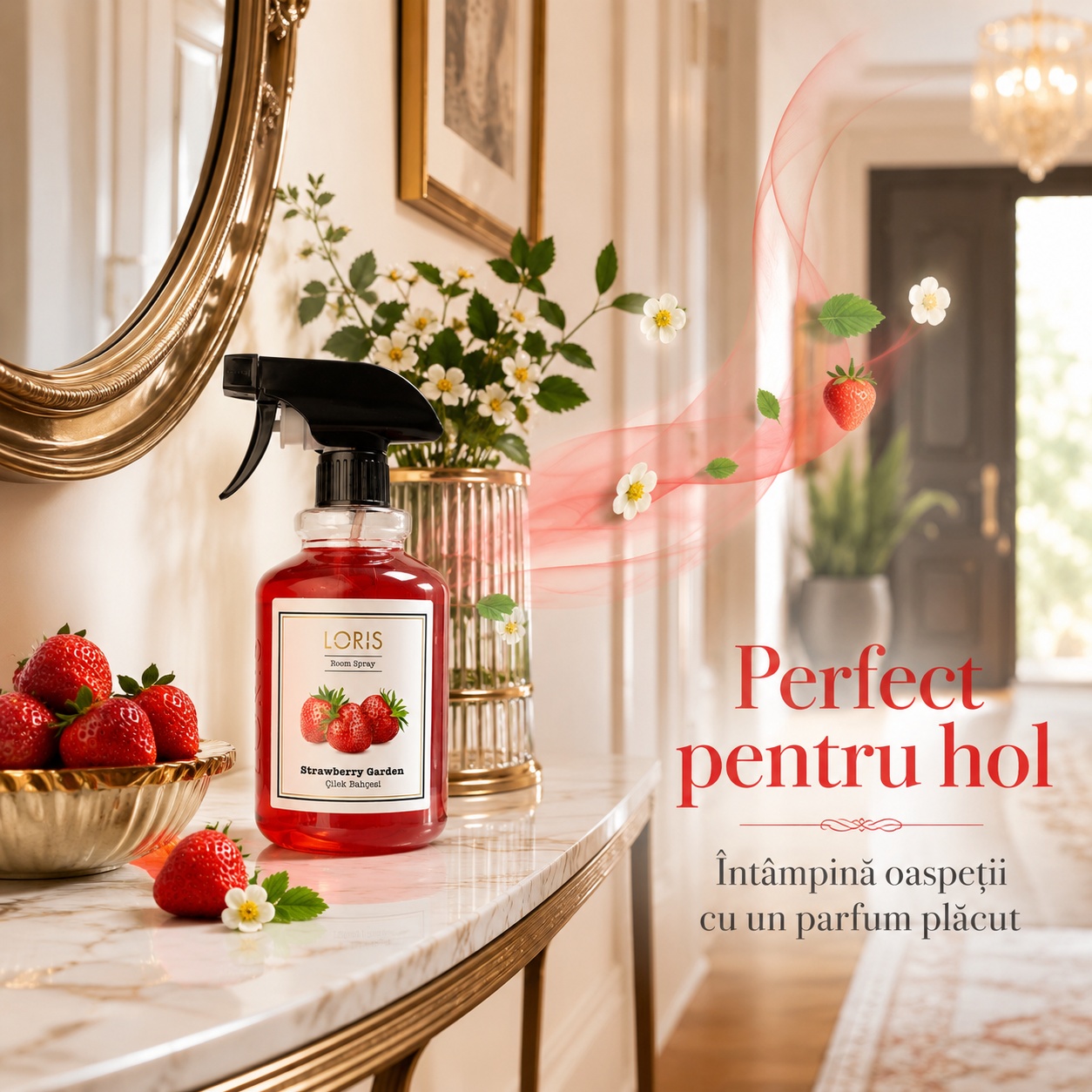 Spray Odorizant Loris Pafum Strawberry Garden perfect pentru hol parfum plăcut pentru oaspeți