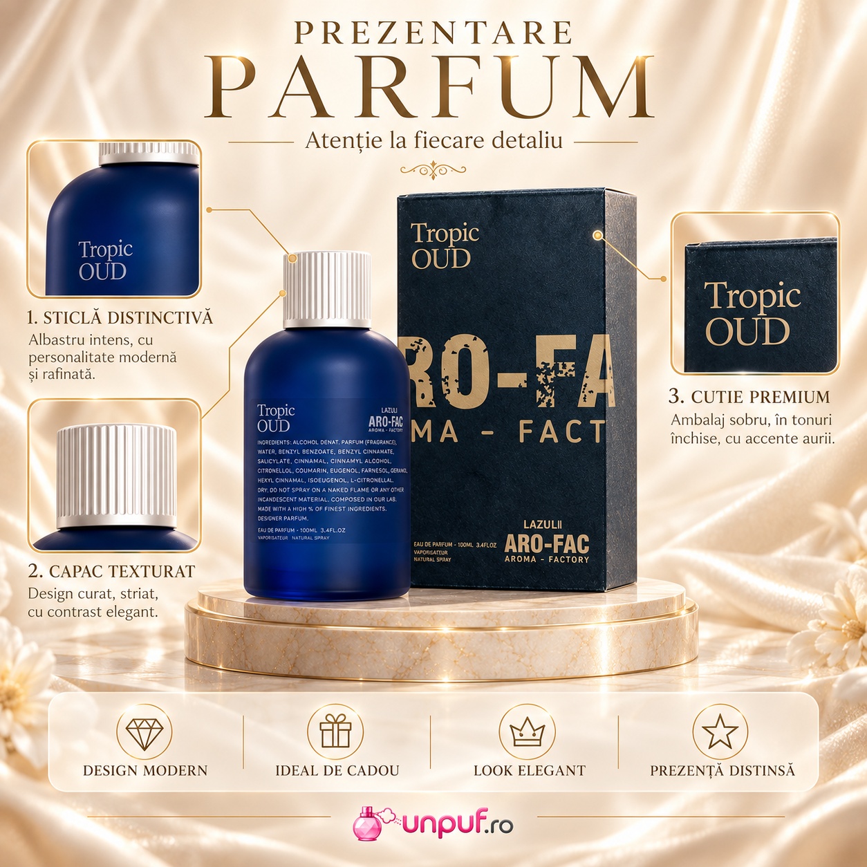 Prezentare Tropic Oud Aro-Fac Lazuli parfum unisex cu detalii despre flacon cutie si stil oriental