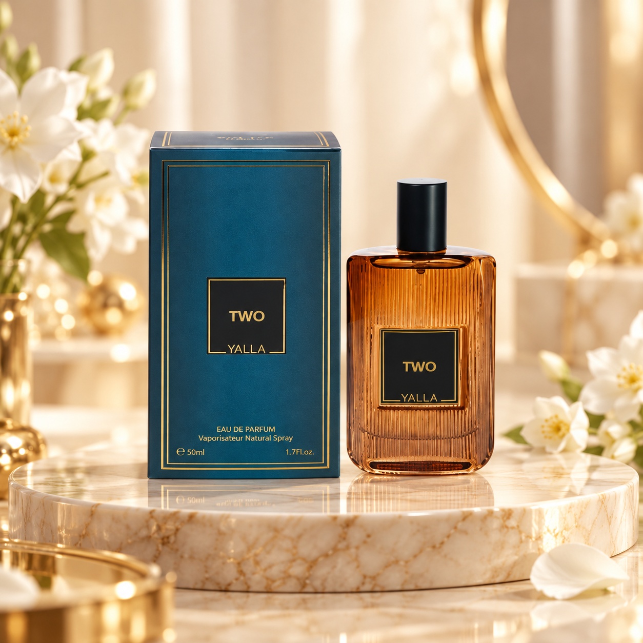 Two Yalla 50 ml parfum unisex inspirat de Jean Paul Gaultier 2 cu flacon ambrat și cutie albastru petrol