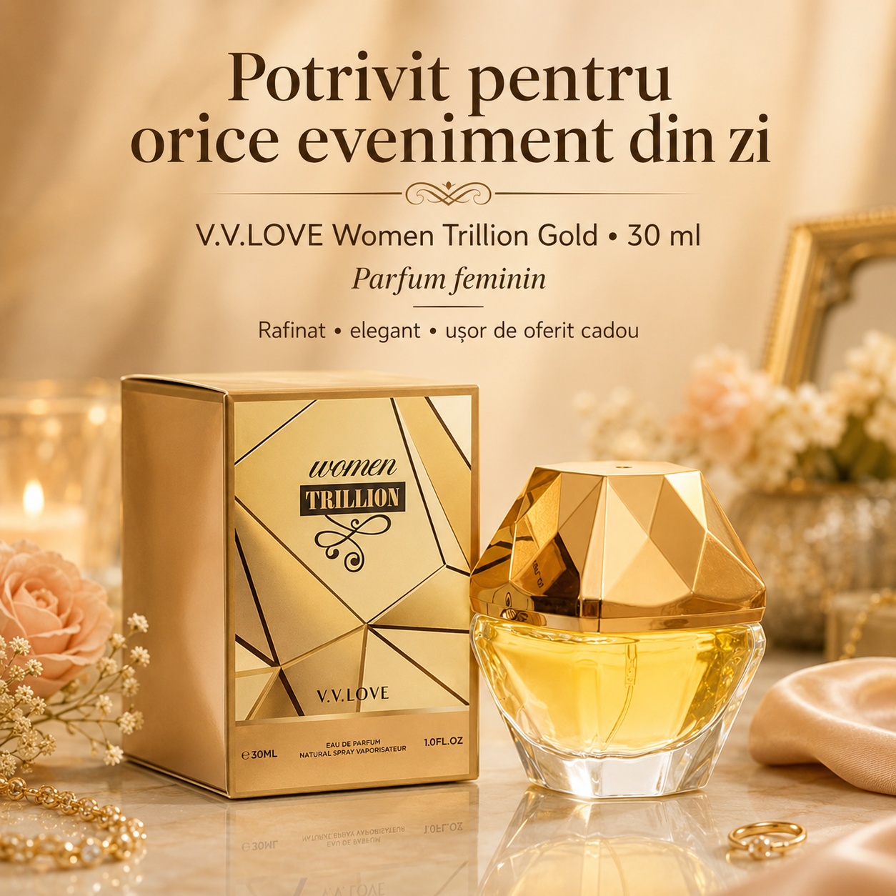 Parfum feminin V.V. Love Women Trillion Gold potrivit pentru orice eveniment
