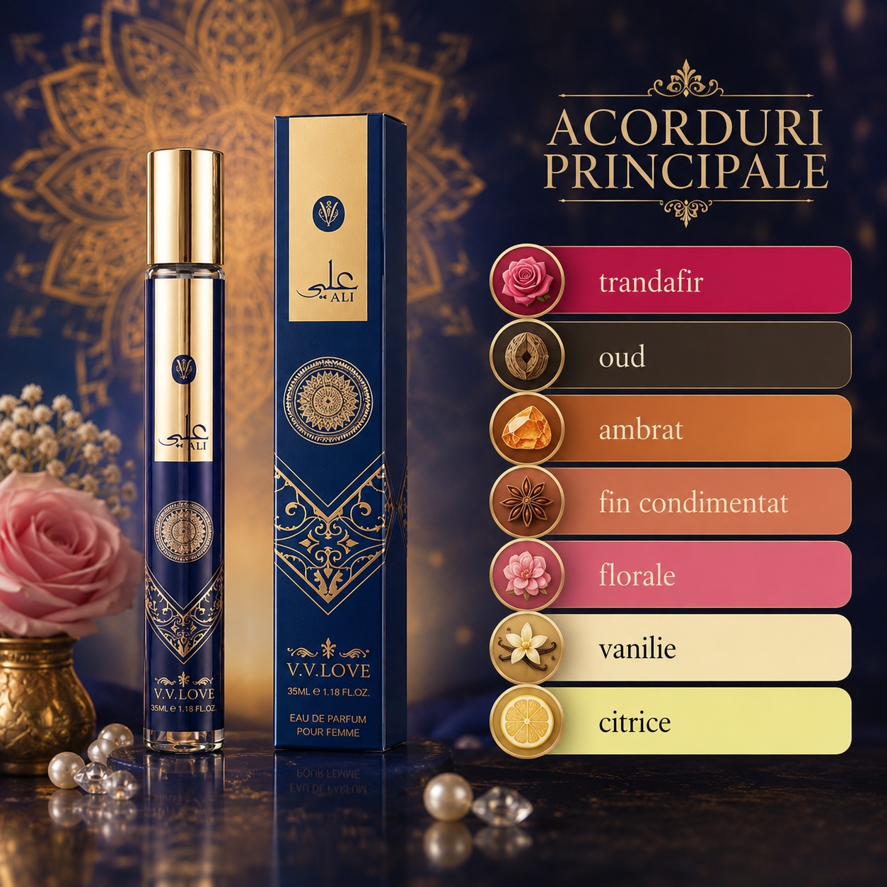 Acorduri principale parfum Ali trandafir oud ambrat fin condimentat florale vanilie citrice