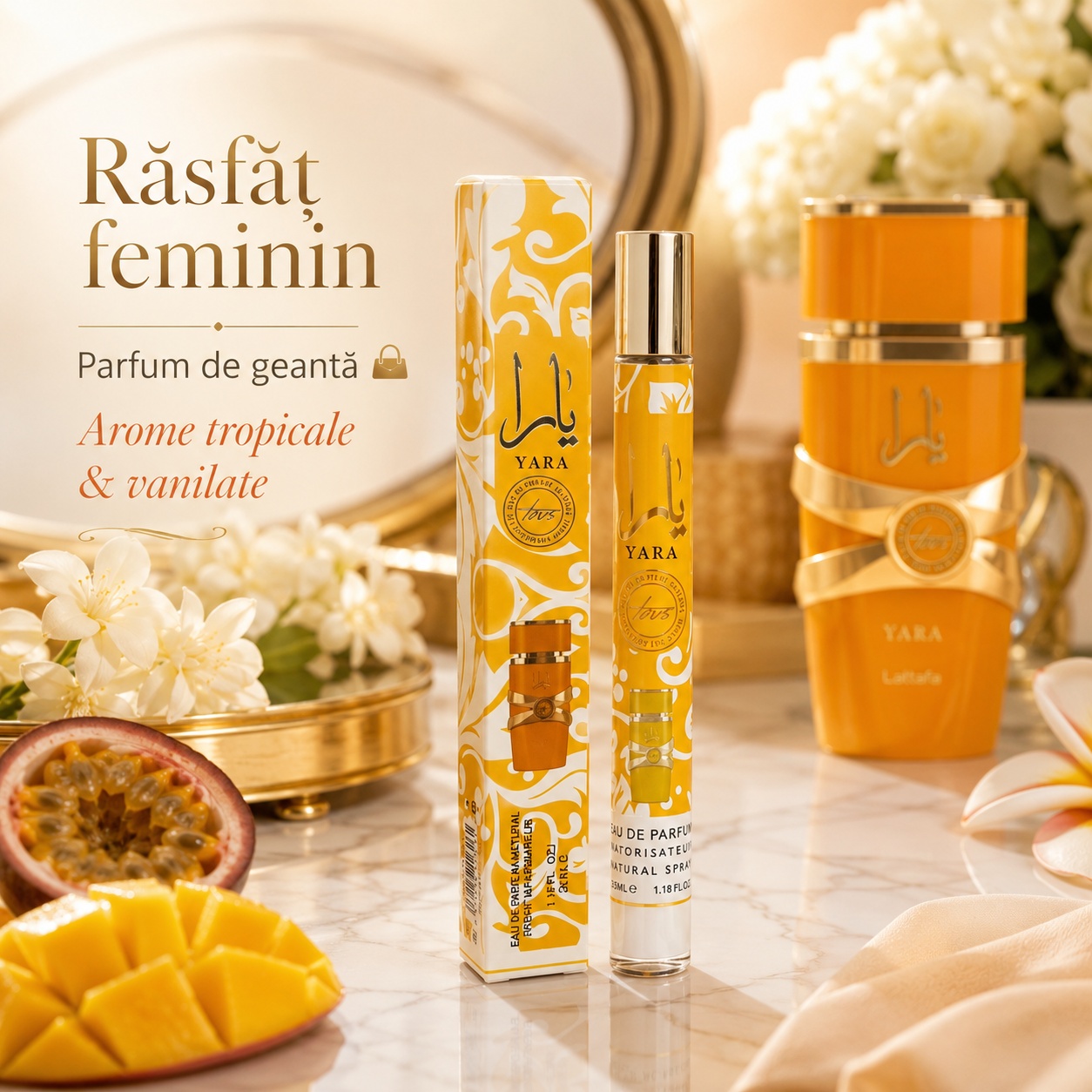 Yara 35 ml răsfăț feminin, parfum de geantă cu arome tropicale și vanilate