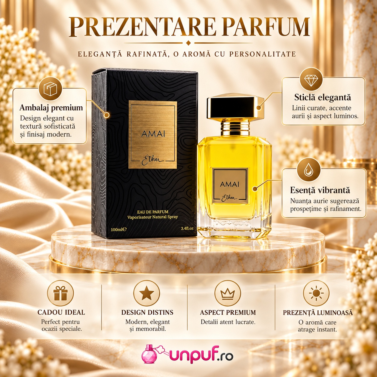 Prezentare Amai Ether x Marhaba parfum unisex cu flacon auriu cutie neagră design elegant și detalii premium