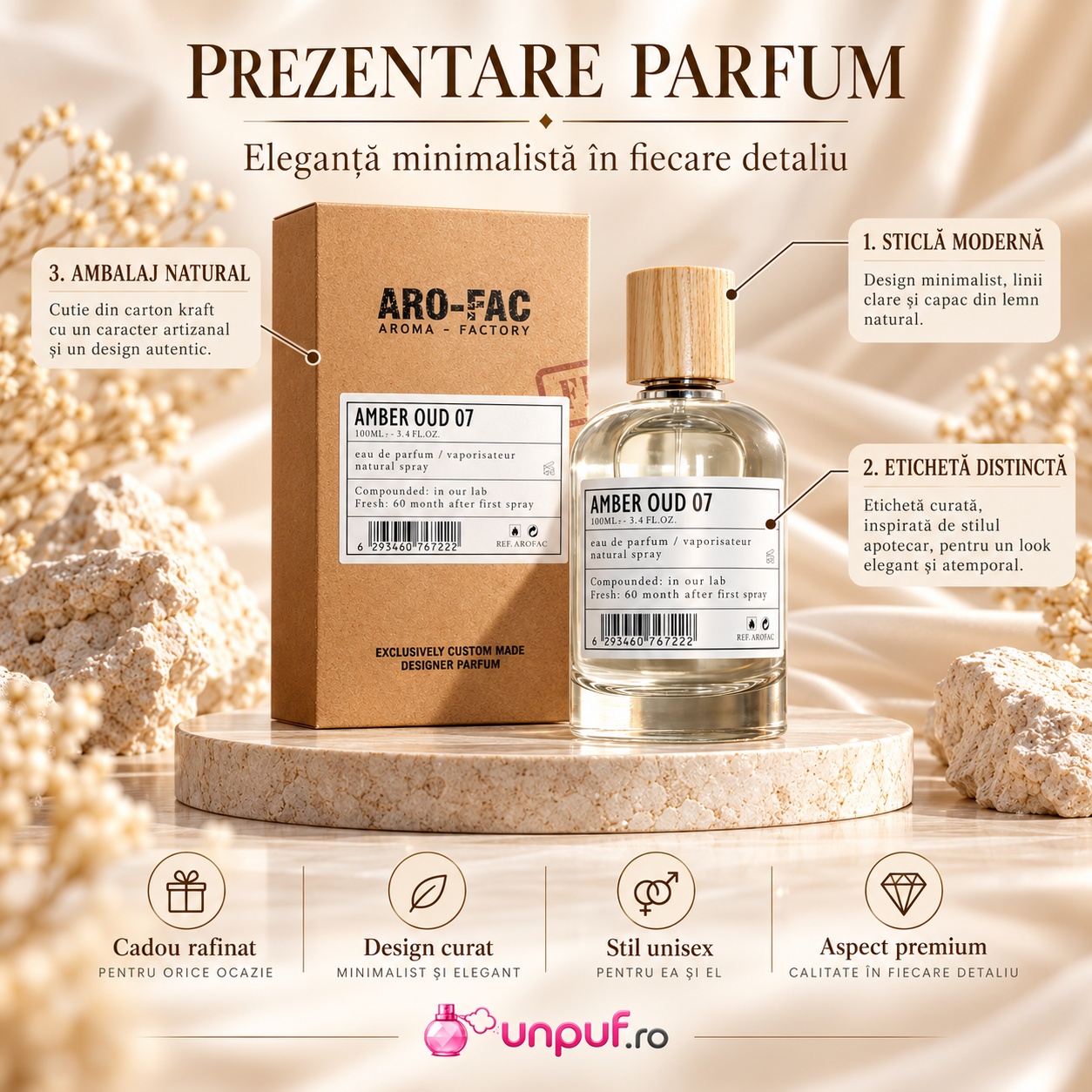 Prezentare Amber Oud 07 Aro-Fac parfum bărbați cu flacon cutie kraft design minimalist și detalii premium