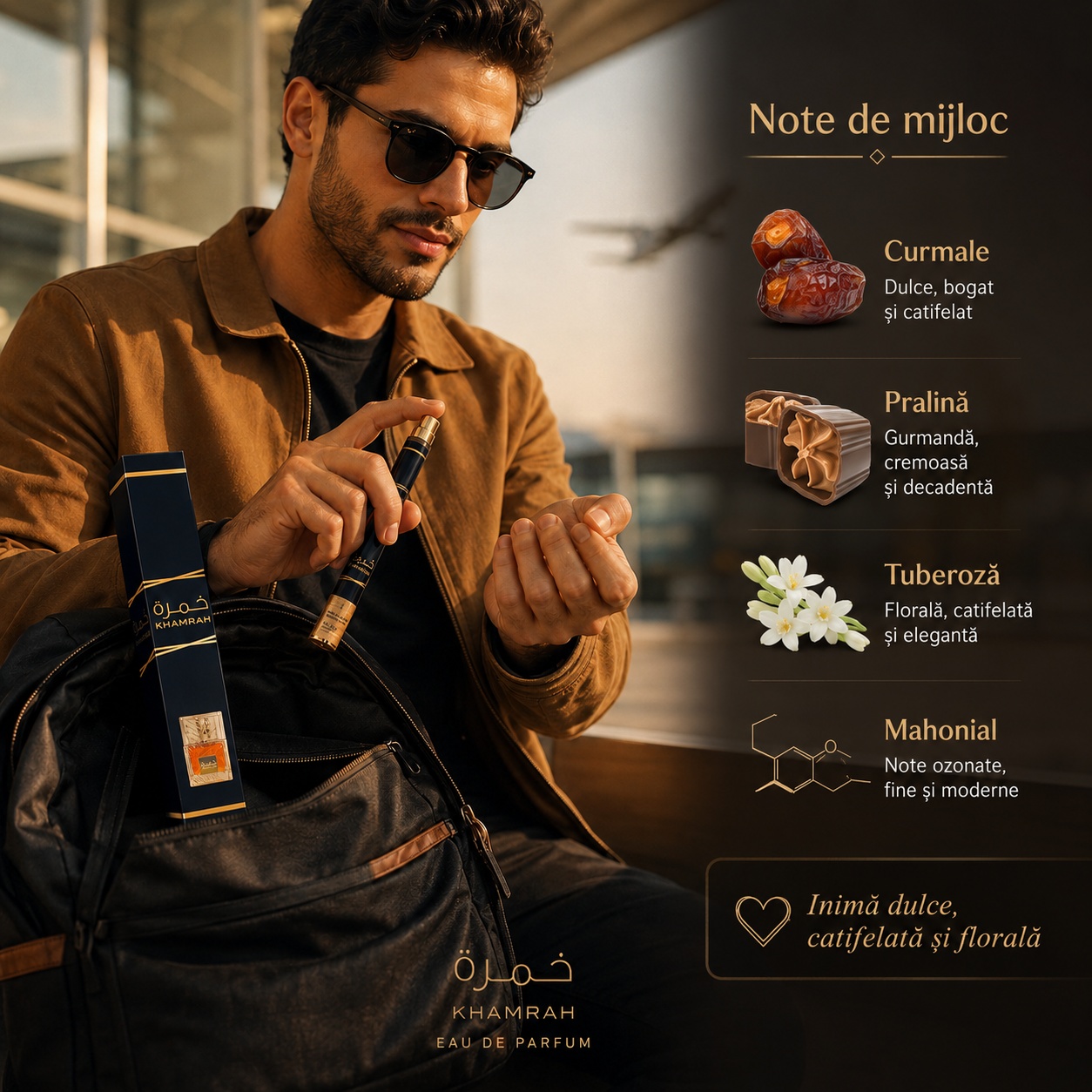 Note de mijloc Khamrah Lattafa curmale pralină tuberoză Mahonial inimă dulce catifelată și florală