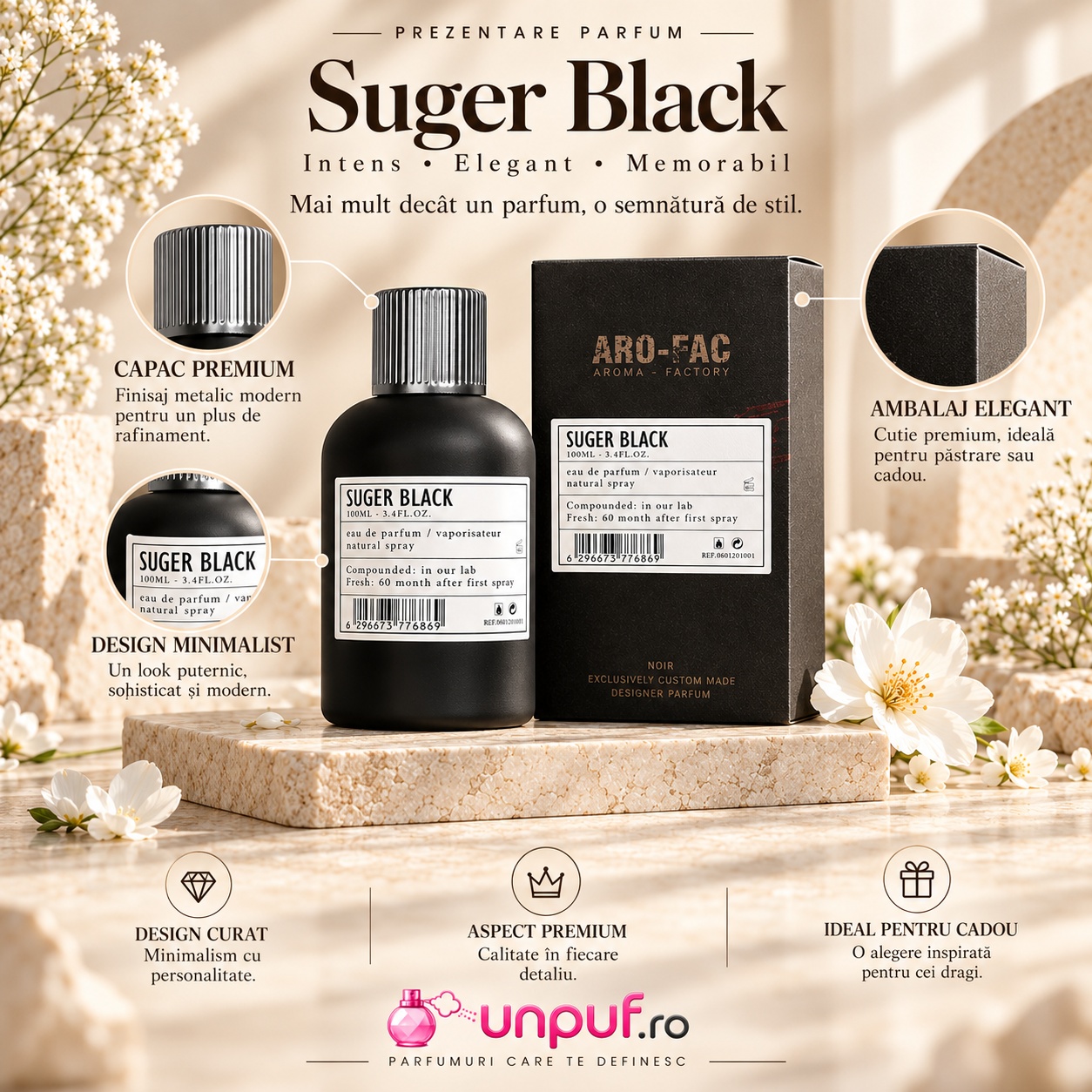 Prezentare Aro-Fac Black Suger parfum unisex cu flacon negru cutie elegantă și detalii premium