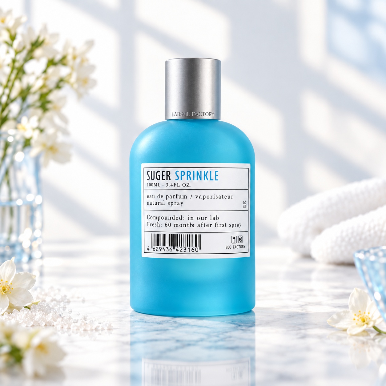 Flacon Aro-Fac Sprinkle Suger parfum unisex 100 ml cu sticlă albastră mată și capac argintiu