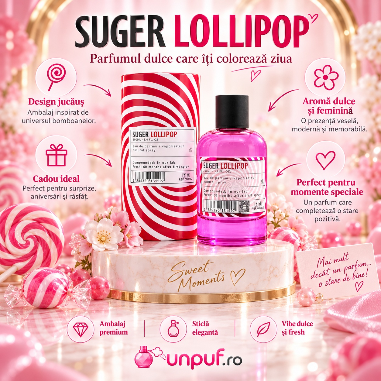 Prezentare Aro-Fac Suger Lollipop parfum damă cu măr suculent caramel zmeură și vibe dulce