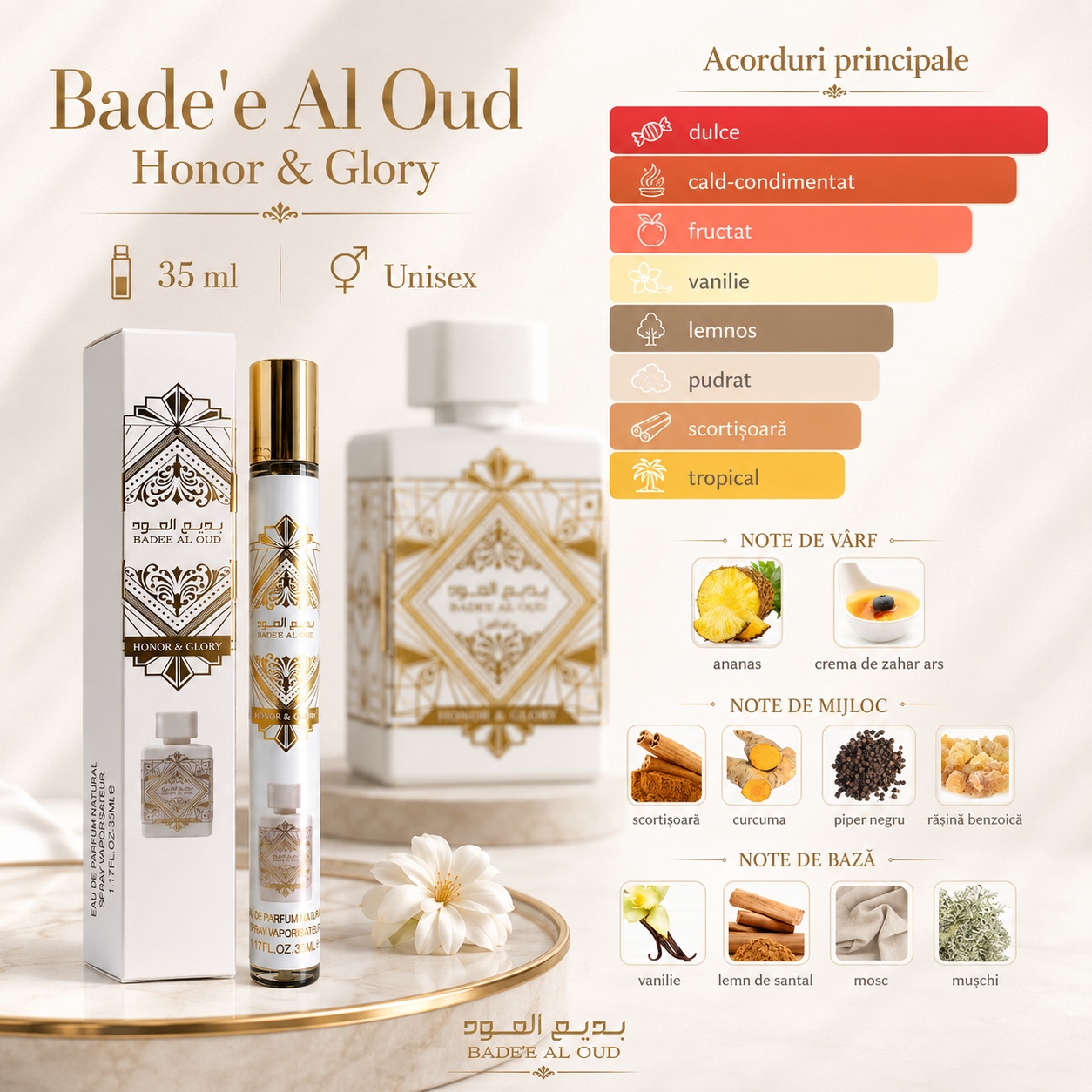 Badee Al Oud Honor and Glory 35 ml note de ananas cremă de zahăr ars scorțișoară curcuma piper negru rășină benzoică vanilie lemn de santal mosc și mușchi