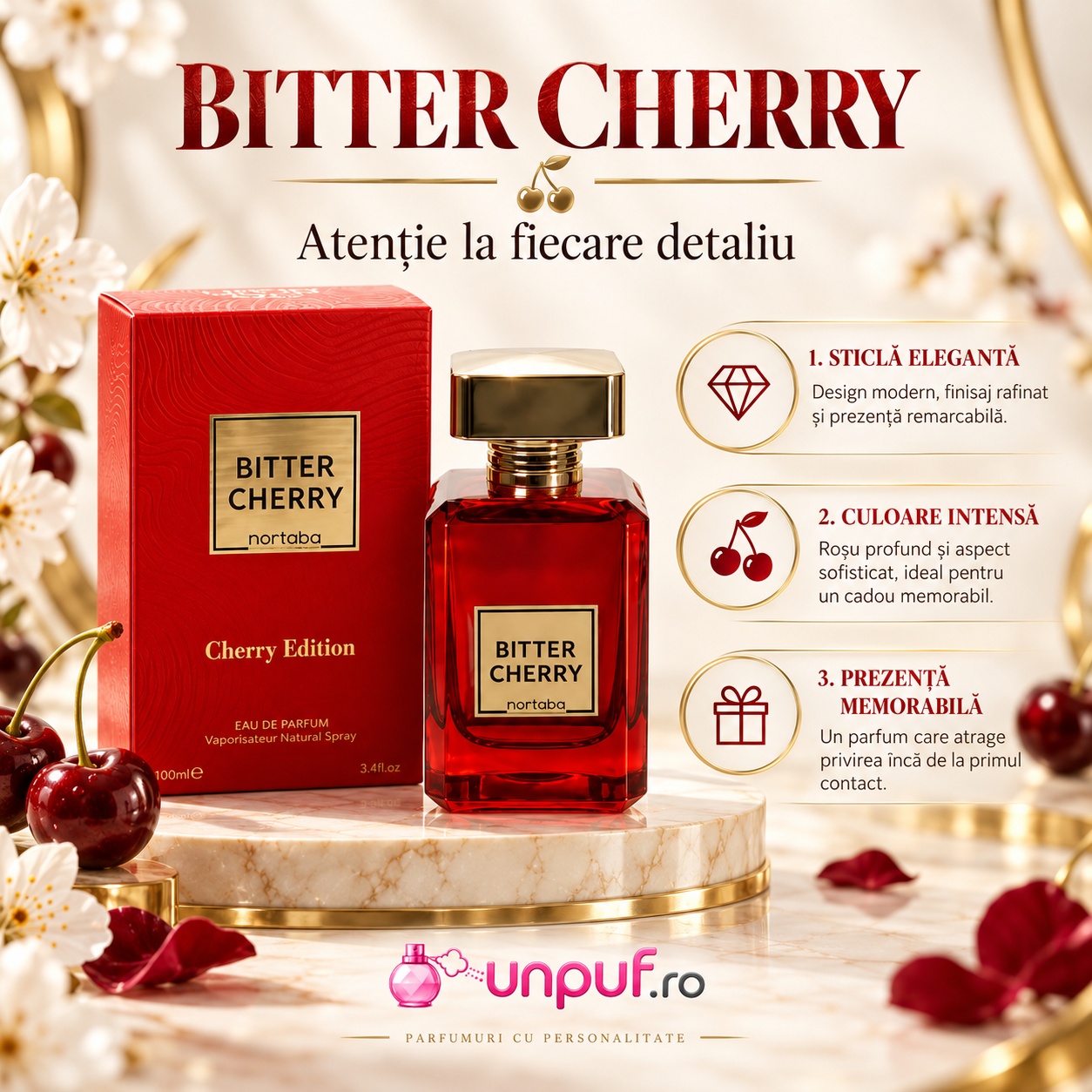 Prezentare Bitter Cherry Marhaba 100 ml parfum arăbesc cu cireșe migdale vișine trandafir iasomie tonka și vetiver