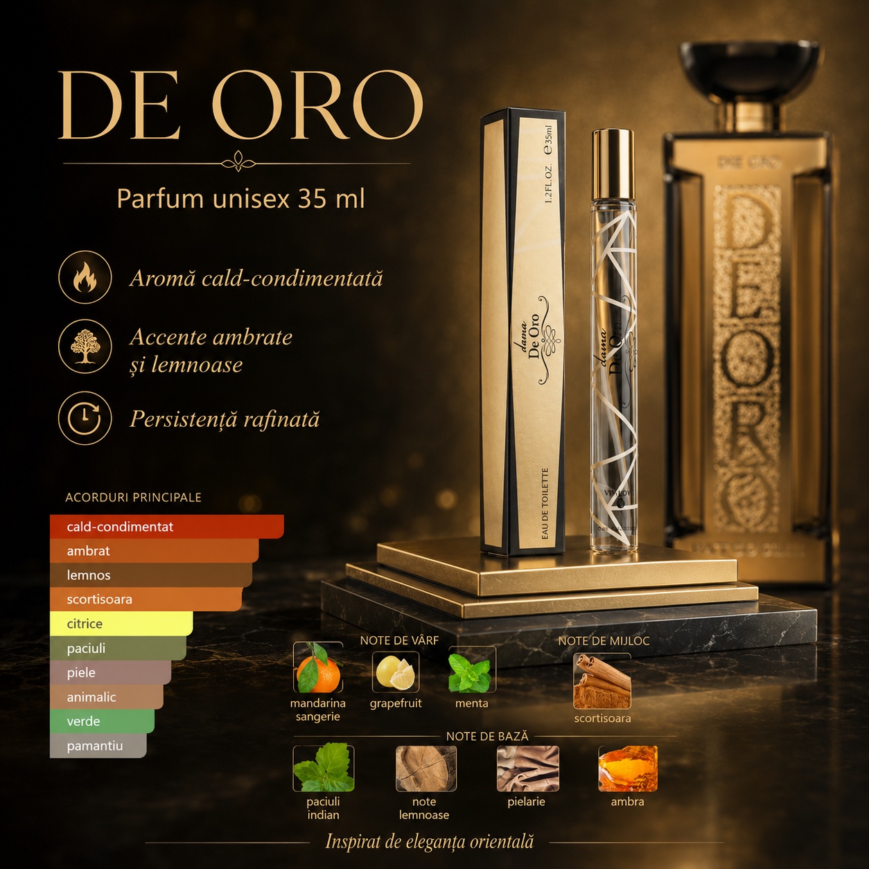 De Oro 35 ml parfum unisex cu aromă cald condimentată, accente ambrate și lemnoase, persistență rafinată