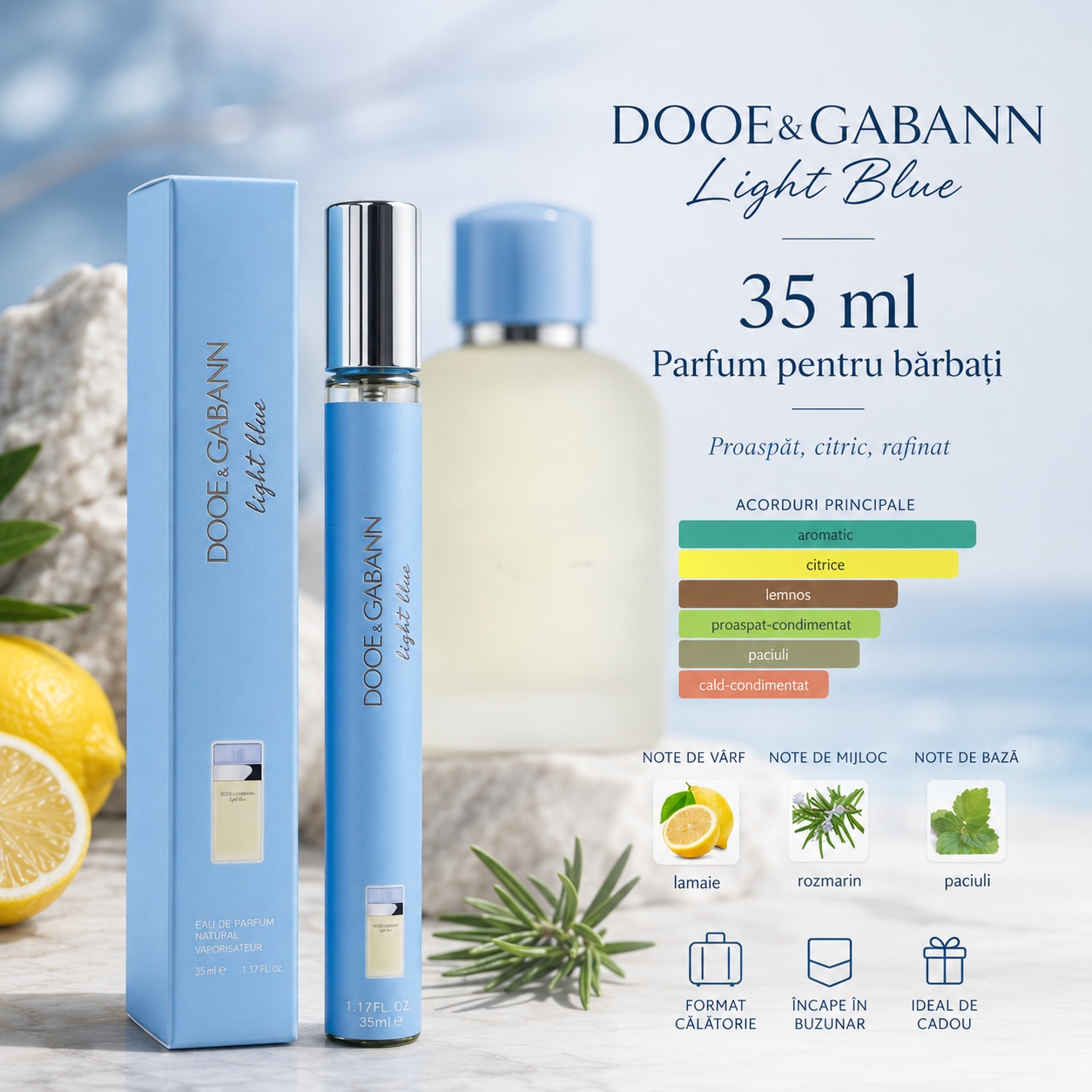 Dooe & Gabann Light Blue 35 ml parfum pentru bărbați, proaspăt citric rafinat, note de lăm&acirc;ie rozmarin și paciuli