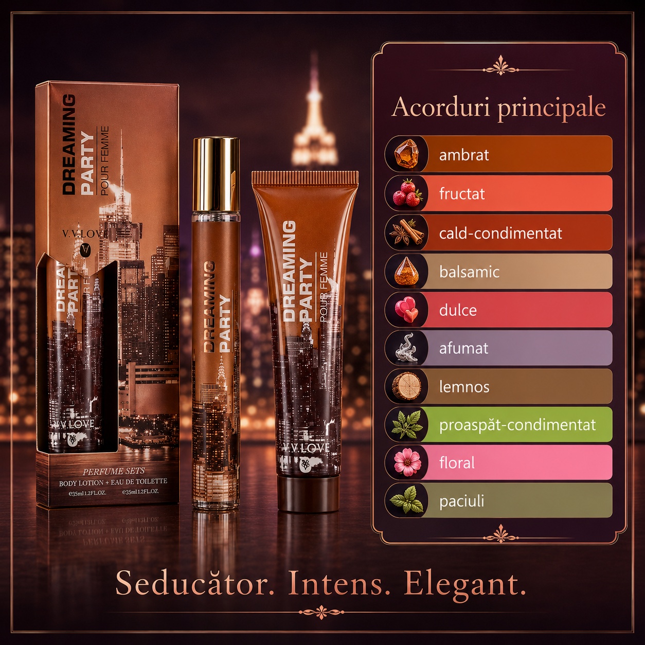 Acorduri principale Dreaming Party Pour Femme ambrat fructat cald condimentat balsamic dulce afumat lemnos floral paciuli