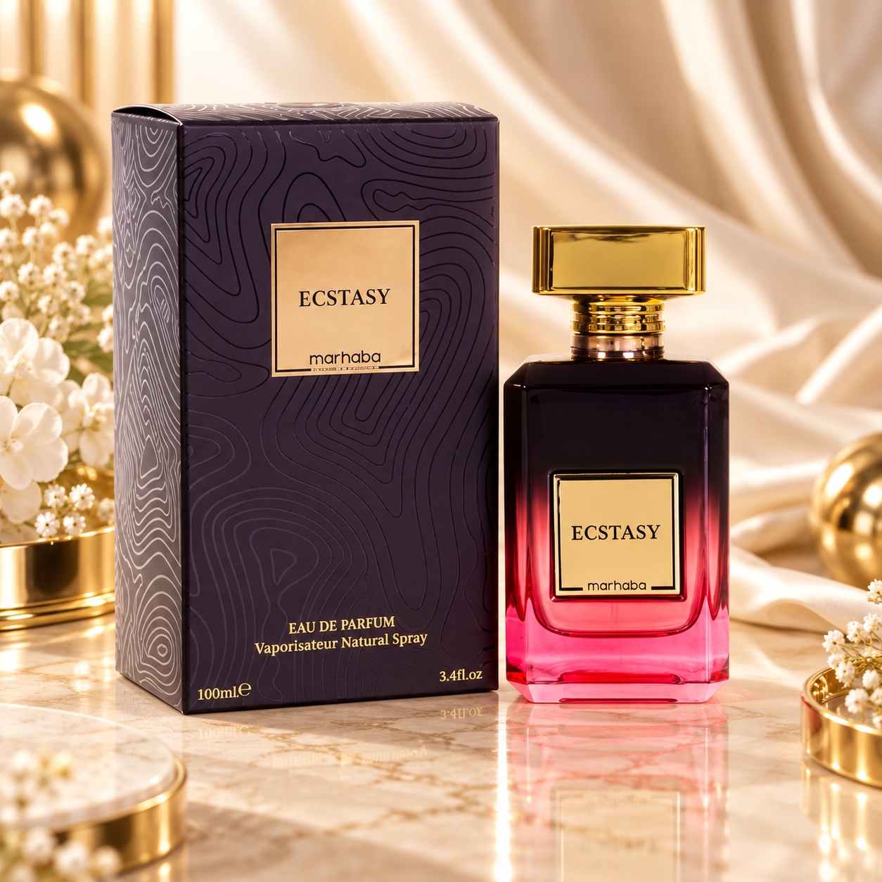 Ecstasy Marhaba Eau de Parfum 100 ml parfum arăbesc unisex oriental lemnos cu flacon roz negru și cutie premium