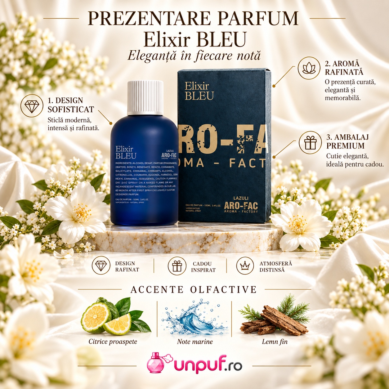 Prezentare Elixir Bleu Aro-Fac Lazuli cu accente olfactive și flacon albastru premium