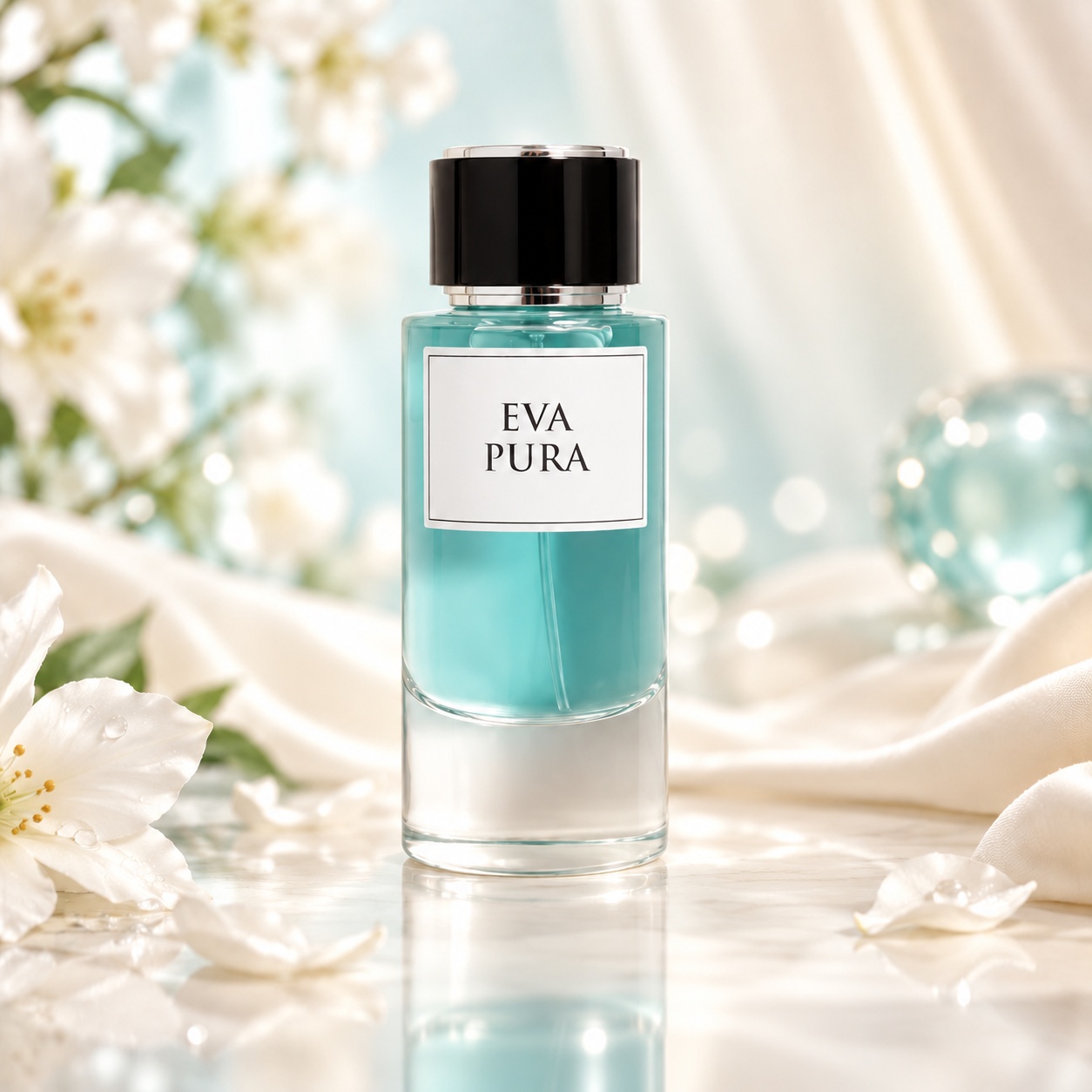 Flacon Eva Pura AMD Perfumes 85 ml cu lichid turcoaz și capac negru